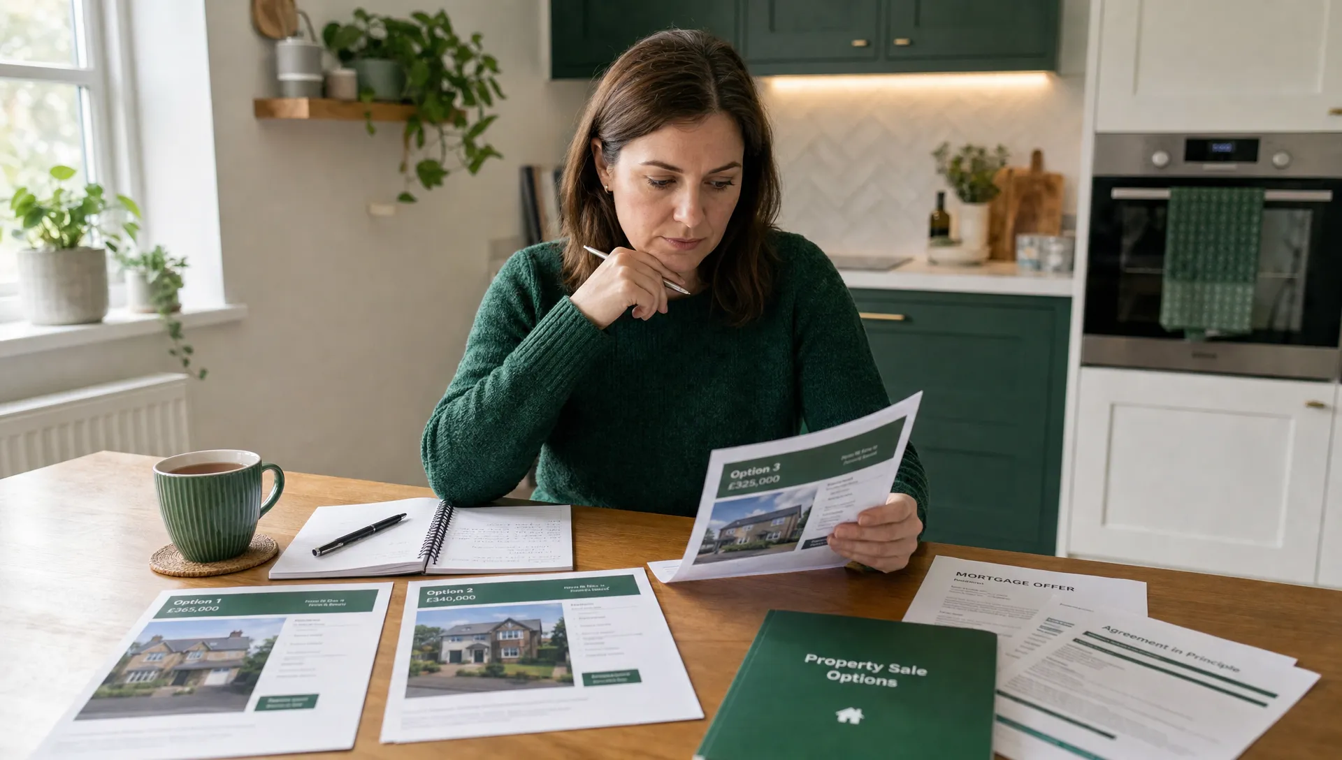 A homeowner sitting at a kitchen table with property documents, mortgage letters and a notepad, comparing several house sale options calmly with a cup of tea nearby.
