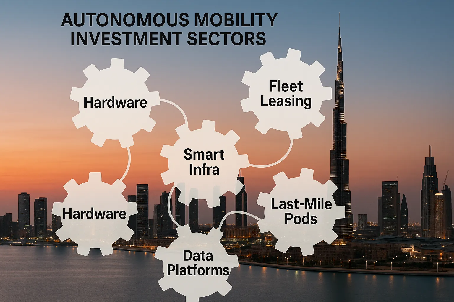 Minimalist infographic showing five autonomous mobility investment sectors arranged as interconnected gears labelled Hardware, Smart Infra, Fleet Leasing, Last-Mile Pods and Data Platforms, overlayed on a stylised Dubai skyline at dusk.