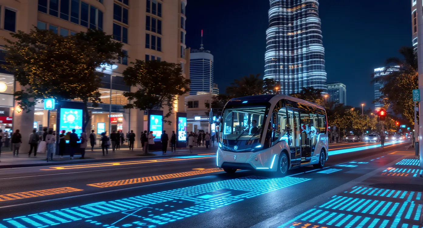 Futuristic driverless shuttle gliding past Burj Khalifa at night on a dedicated smart-lane with dynamic LED road markings and pedestrians viewing the vehicle through augmented-reality info panels.
