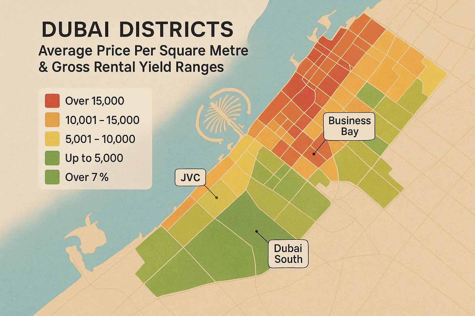Colour-coded heat map of Dubai districts showing average price per square metre and gross rental yield ranges, with labels for JVC, Dubai South and Business Bay