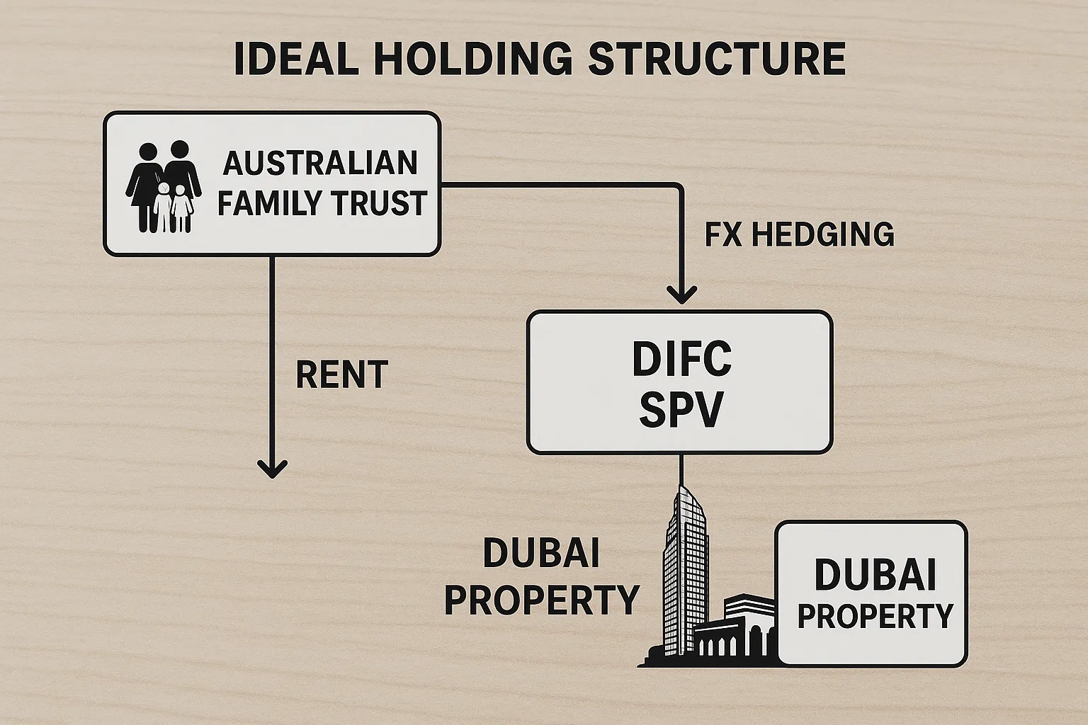 Diagram showing ideal holding structure: Australian family trust → DIFC SPV → Dubai property, with arrows for rent flow and FX hedging points.