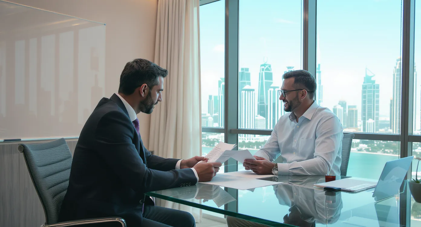 Corporate consultant reviewing UBO documentation with an Australian founder in a modern Dubai office overlooking the city skyline.