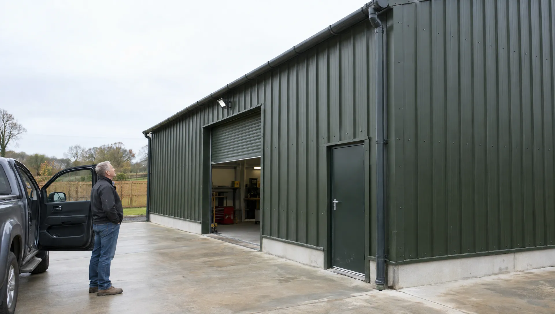 A prospective buyer examines the doorway, roof drainage, doors of a completed steel workshop from best steel building company