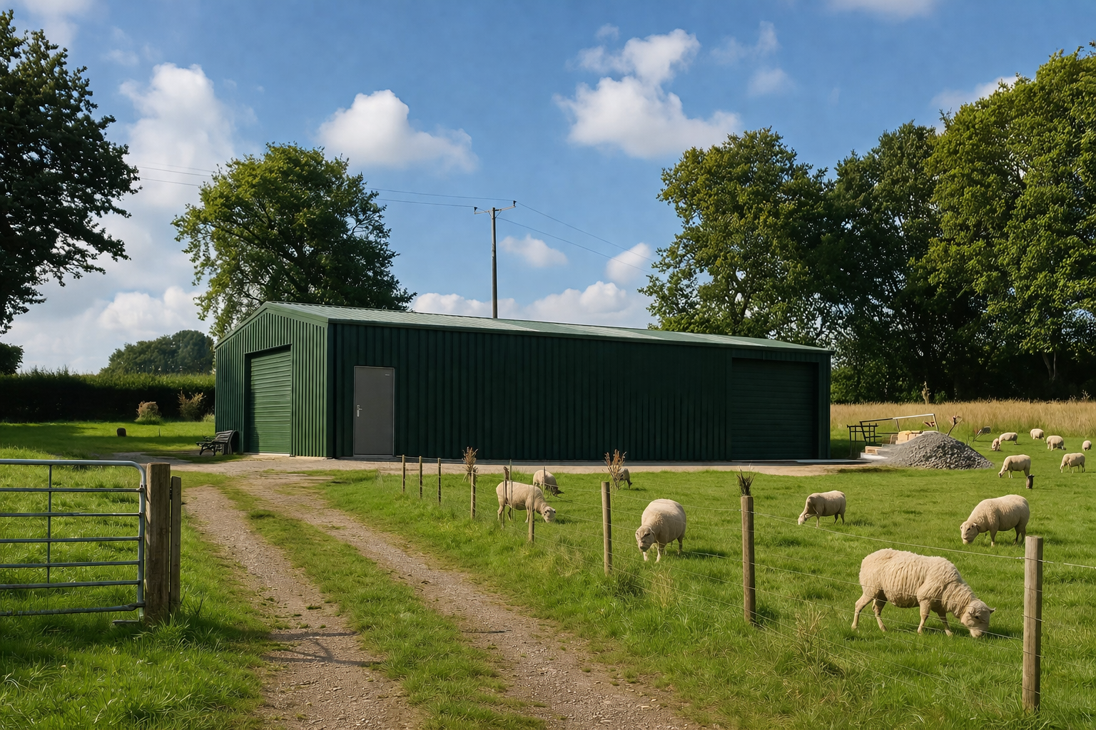 Farm agricultural storage building set in rural field with sheep grazing, choosing best metal steel company