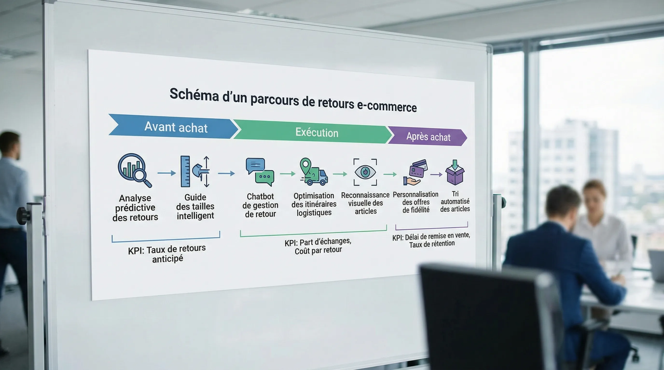 Schéma d’un parcours de retours e-commerce découpé en 3 phases (avant achat, exécution, après achat) avec 7 leviers IA positionnés sur chaque phase, et les KPI associés (taux de retours, part d’échanges, coût par retour, délai de remise en vente).