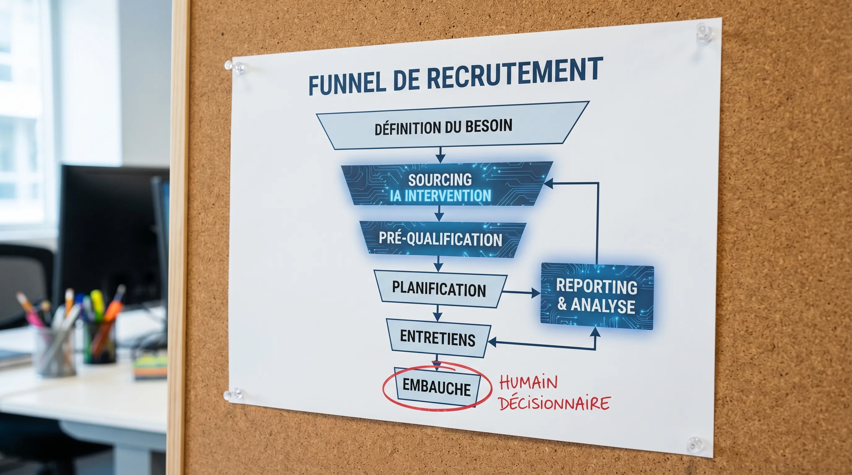 A simple diagram of the recruitment funnel showing where AI intervenes, from defining the need to hiring, with highlighted areas for sourcing, pre-qualification, scheduling, and reporting, and a "human decision-maker" mention on the final step.