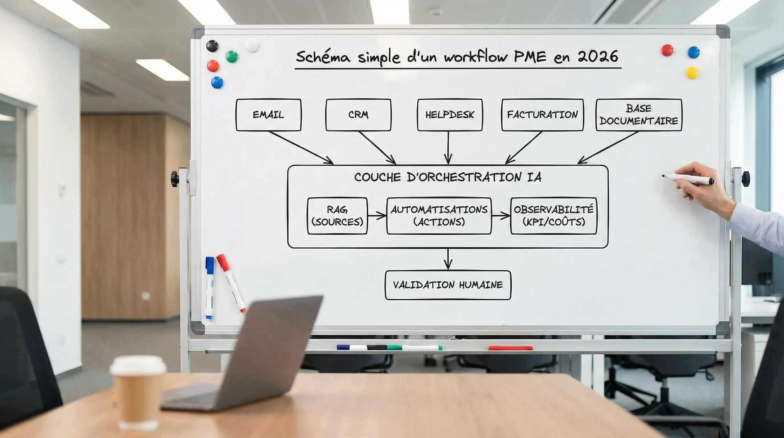 Simple diagram of an SME workflow in 2026 showing tools (email, CRM, helpdesk, billing, document base) connected to an AI orchestration layer with three blocks, RAG (sources), automations (actions), and observability (KPIs/costs), followed by human validation.