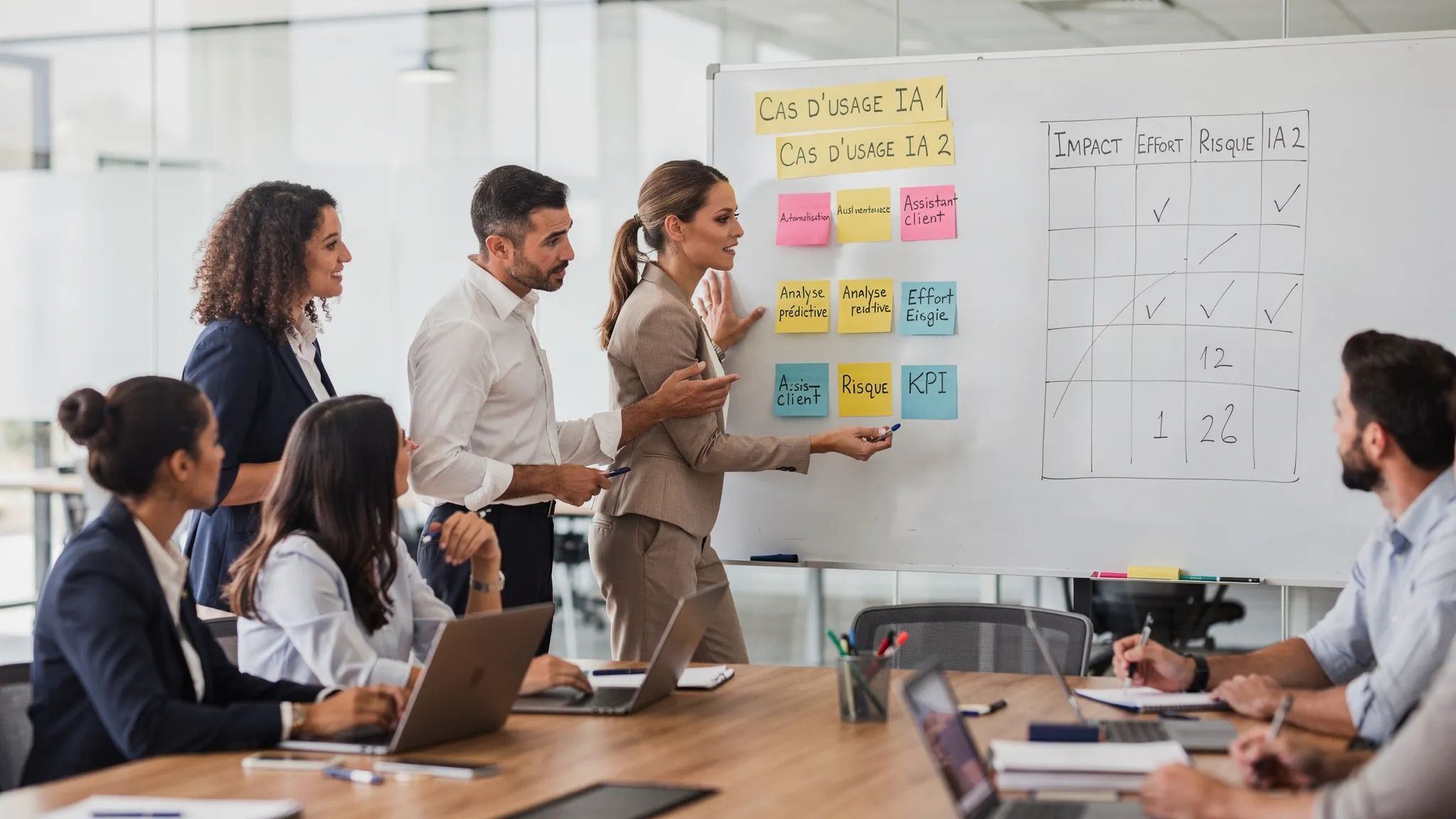 Illustration of a small SME team in a meeting around a whiteboard, with sticky notes representing 3 AI use cases, and next to it a simple mini scorecard (Impact, Effort, Risk, KPI) used to prioritize a pilot.