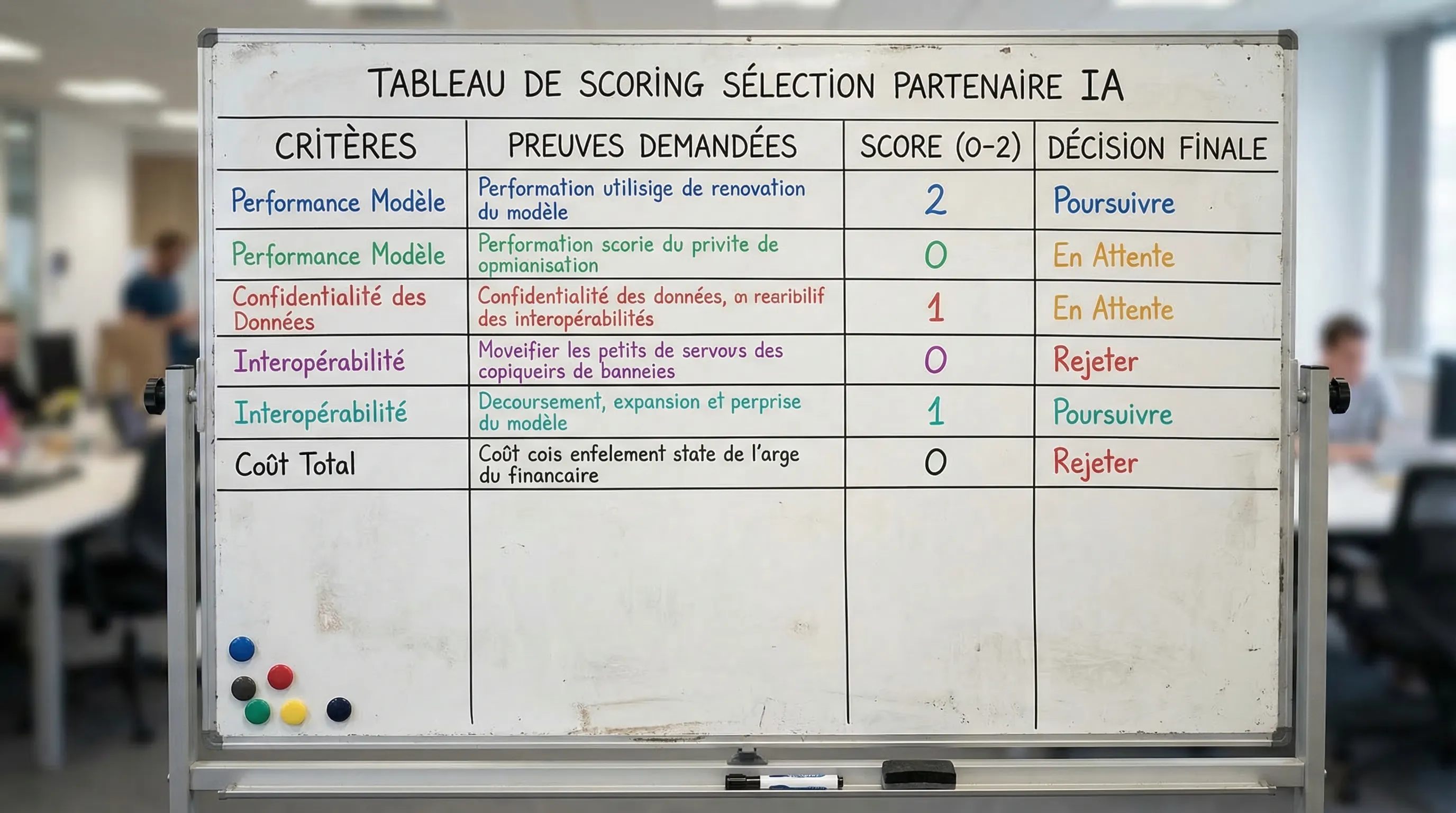 Un tableau de scoring de sélection d’un partenaire IA avec critères, preuves demandées, score 0-2 et décision finale.