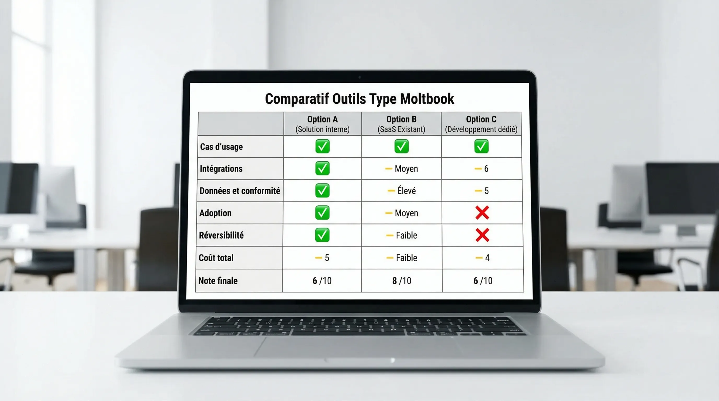 A decision grid comparing three options for a Moltbook-type tool, with columns for Use Case, Integrations, Data and Compliance, Adoption, Reversibility, Total Cost, and a final score.