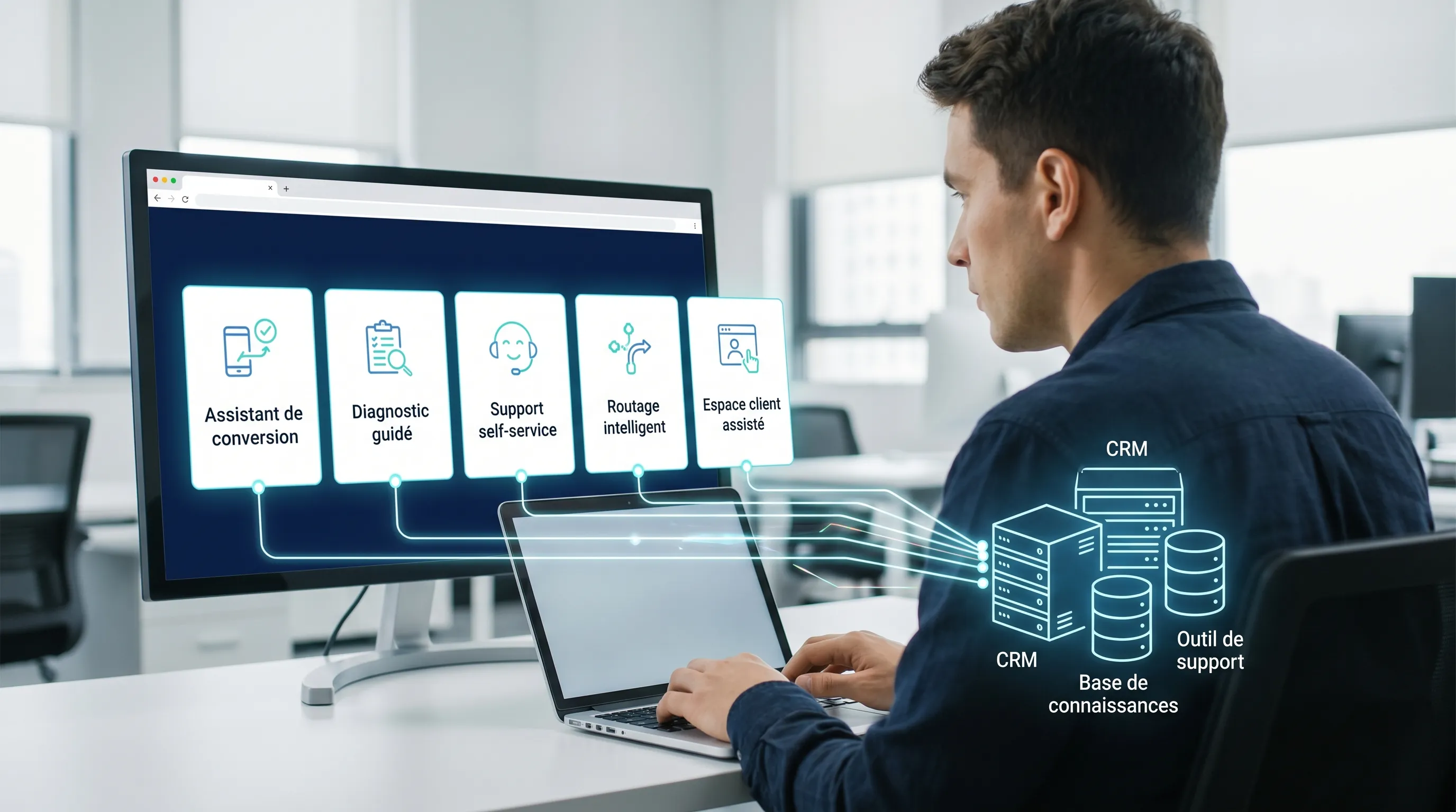 A modern website with five AI interaction zones: conversion assistant, guided diagnostic, self-service support, intelligent routing, and assisted customer portal. The elements are represented as modules connected to a CRM, a knowledge base, and a support tool.