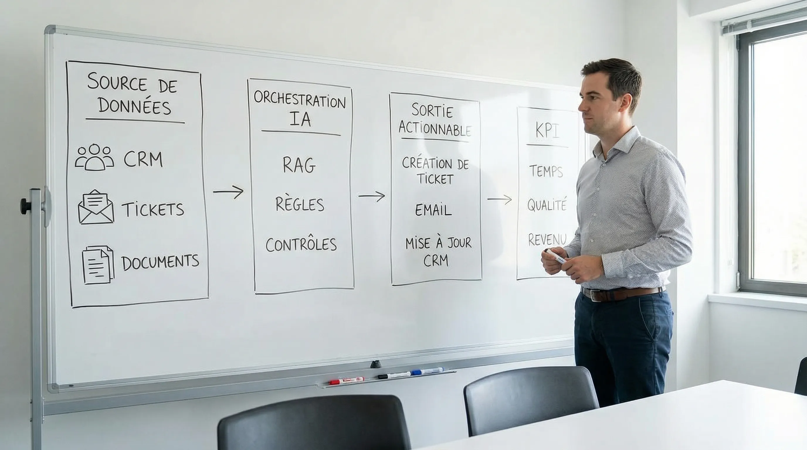Simple diagram of an AI workflow in an SME showing a data source (CRM, tickets, documents), an AI orchestration layer (RAG, rules, controls), then an actionable output (ticket creation, email, CRM update) and finally KPIs (time, quality, revenue).