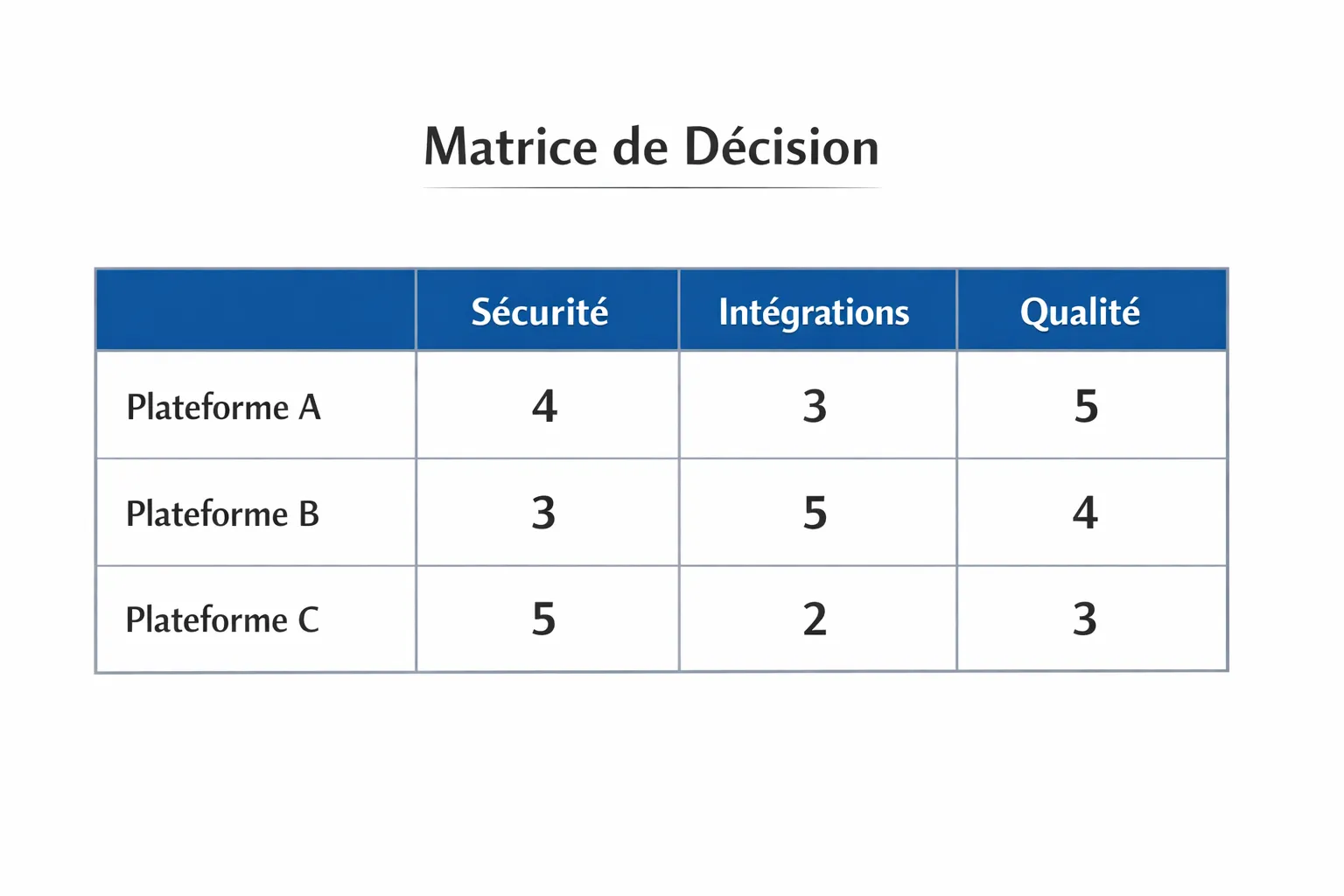 Simple decision matrix with 3 columns (Security, Integrations, Quality) and 3 rows (Platform A, B, C), each cell containing a score from 1 to 5 to quickly compare options.