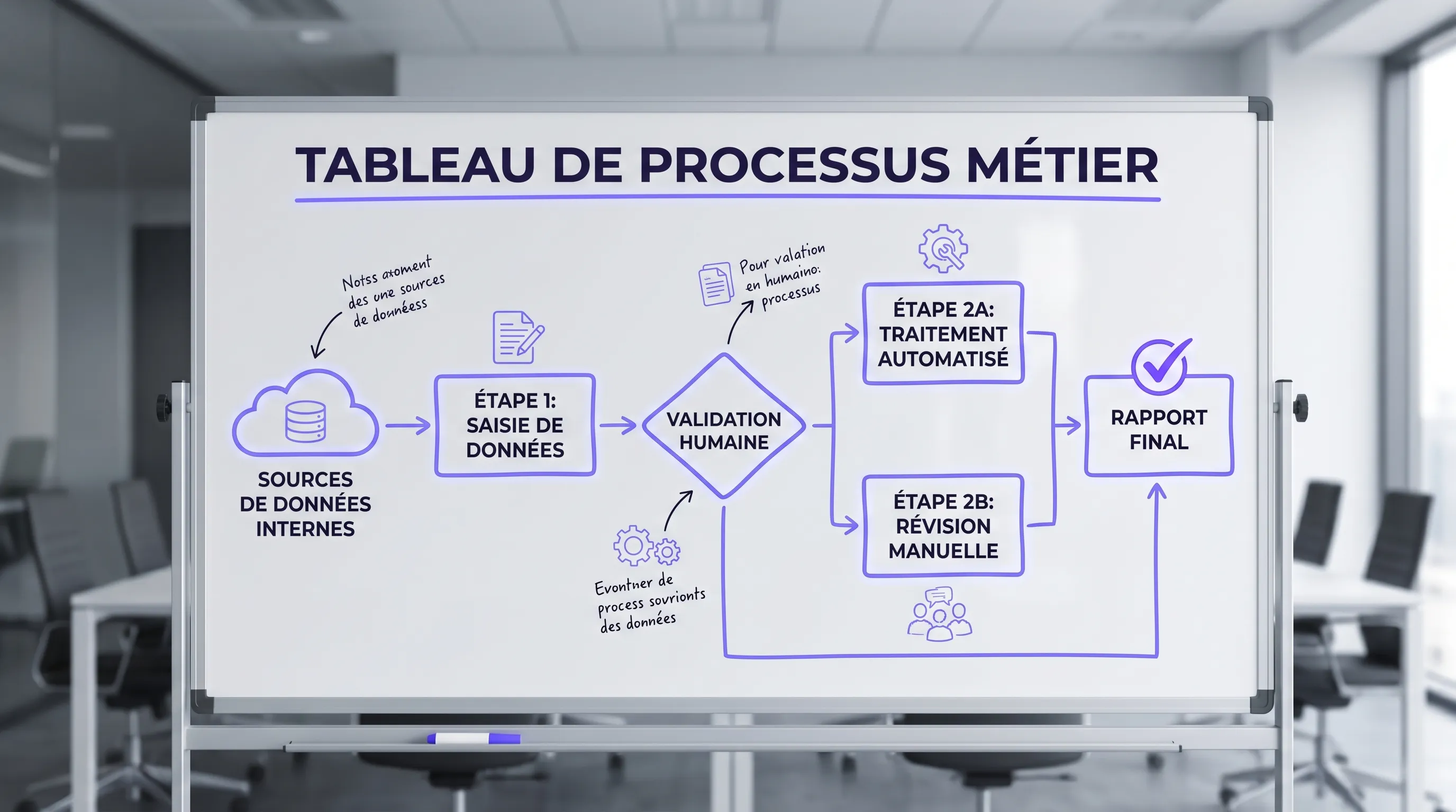 A front-facing business process board shows workflow steps, internal data sources, and human validation points clearly connected to each other.
