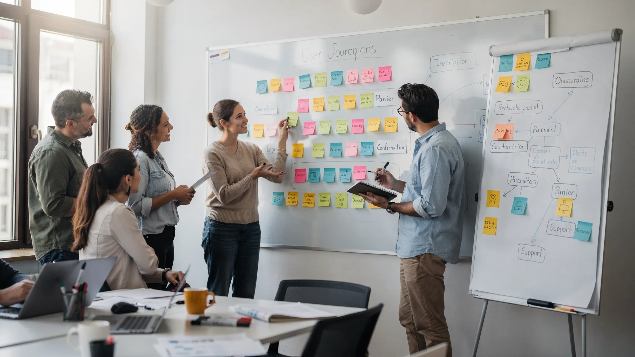 A product team around a whiteboard, with post-its representing user journey steps and "edge cases" cards, while a designer takes notes on an app tree structure.