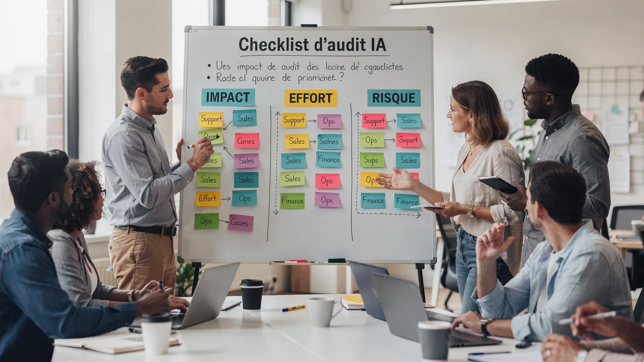 Une équipe en atelier autour d’un tableau avec une checklist d’audit IA, des post-its de cas d’usage (support, sales, ops, finance), et trois colonnes Impact / Effort / Risque pour prioriser rapidement.