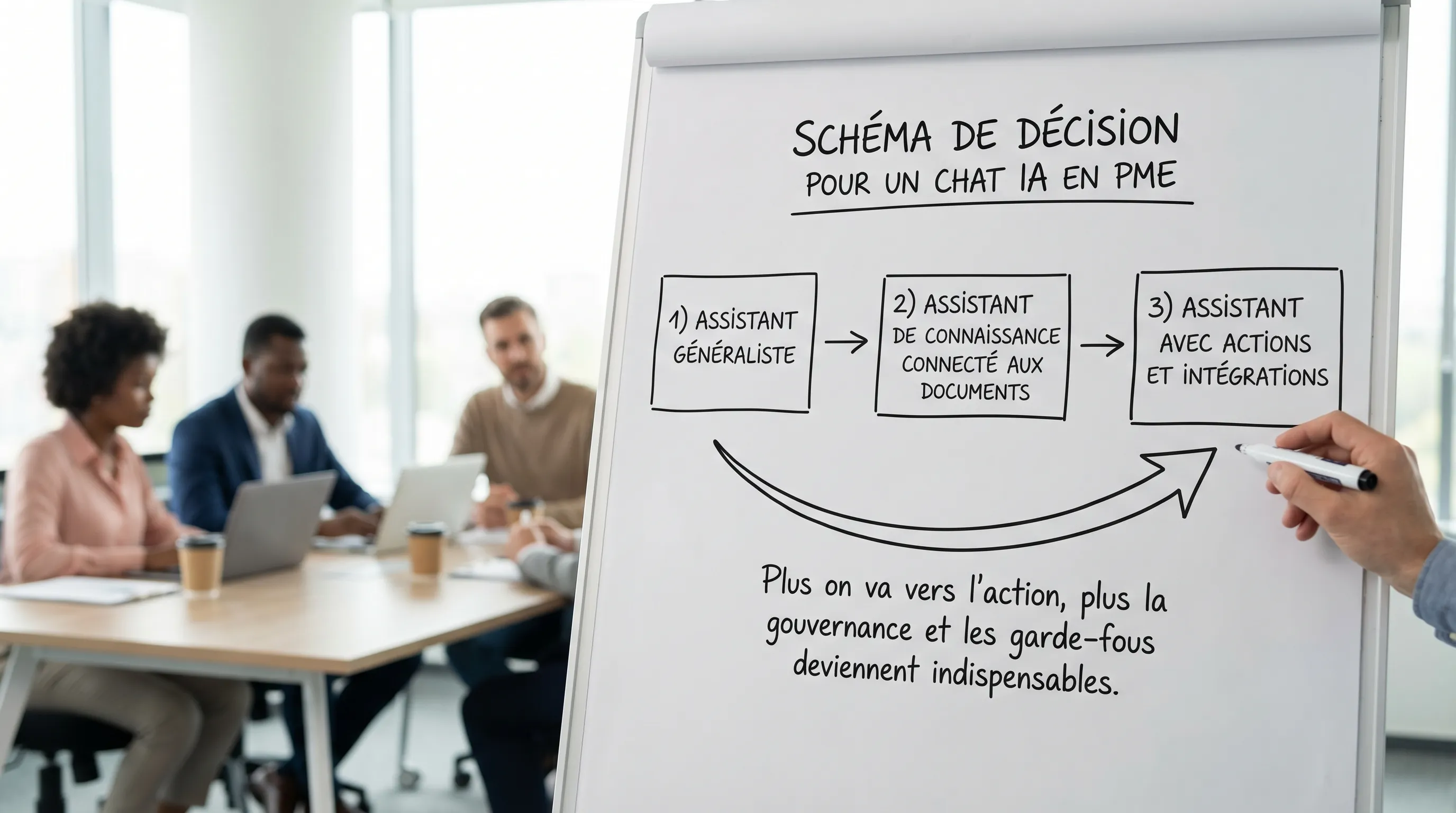 Simple decision diagram for an AI chat in an SME: (1) generalist assistant, (2) knowledge assistant connected to documents, (3) assistant with actions and integrations, with an arrow indicating that the closer you get to action, the more governance and guardrails become essential.