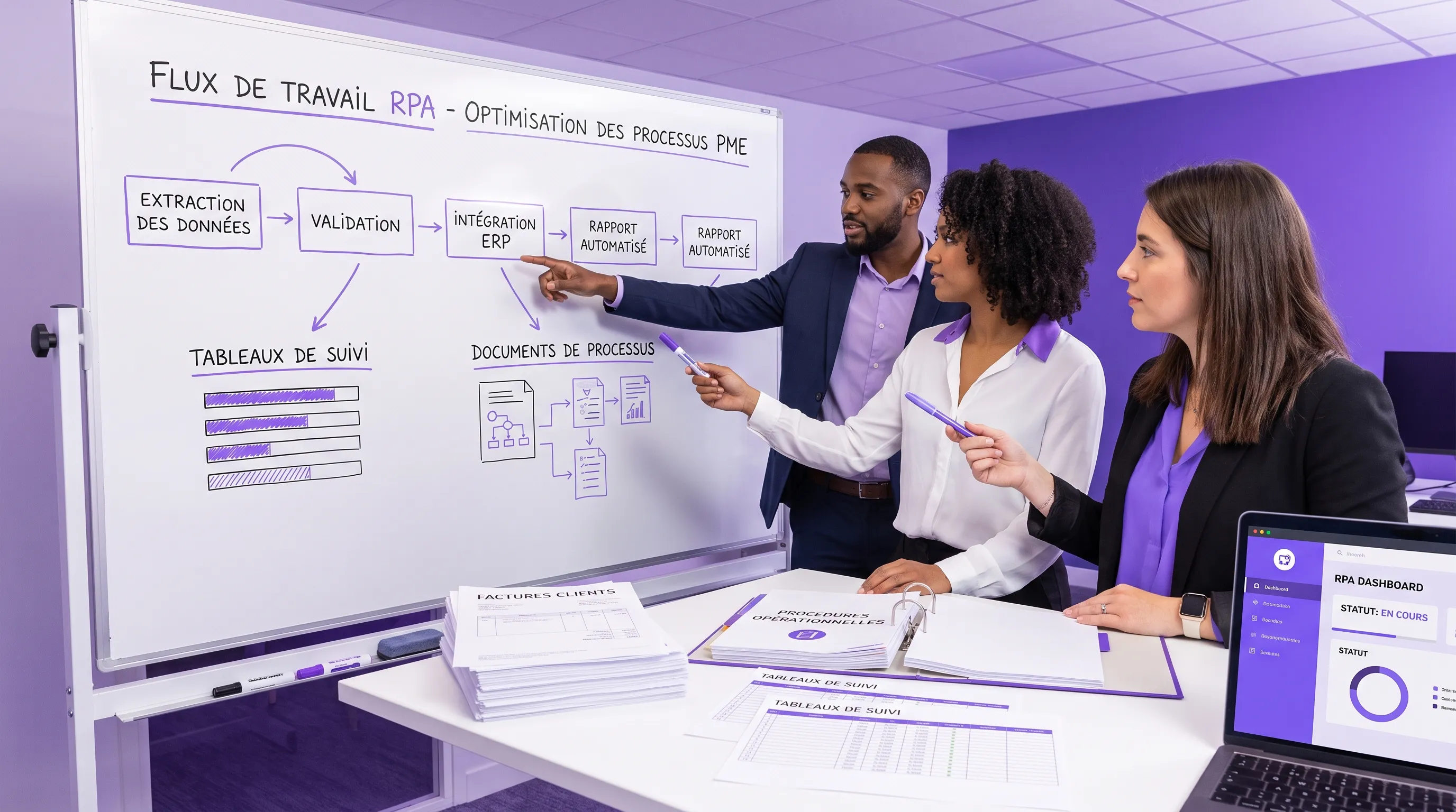 An SME team examines an RPA workflow on a whiteboard, with process documents, invoices, and tracking spreadsheets placed around them.