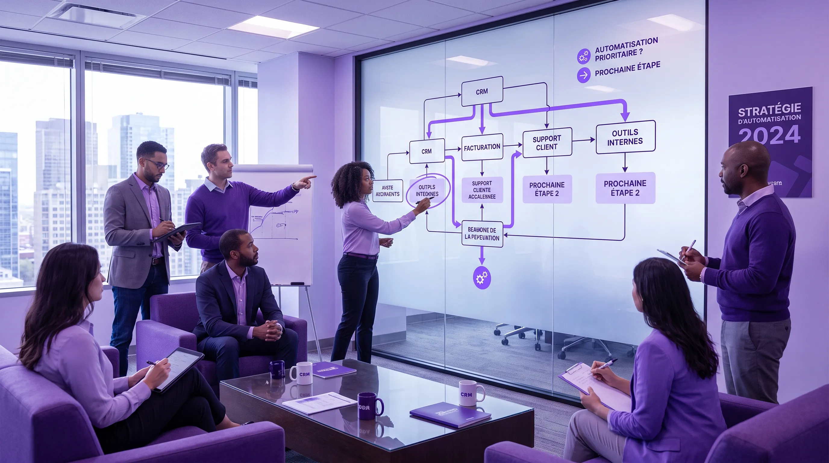 Une équipe dirigeante examine une carte de processus métier avec des flux entre CRM, facturation, support client et outils internes, afin de choisir les automatisations prioritaires.