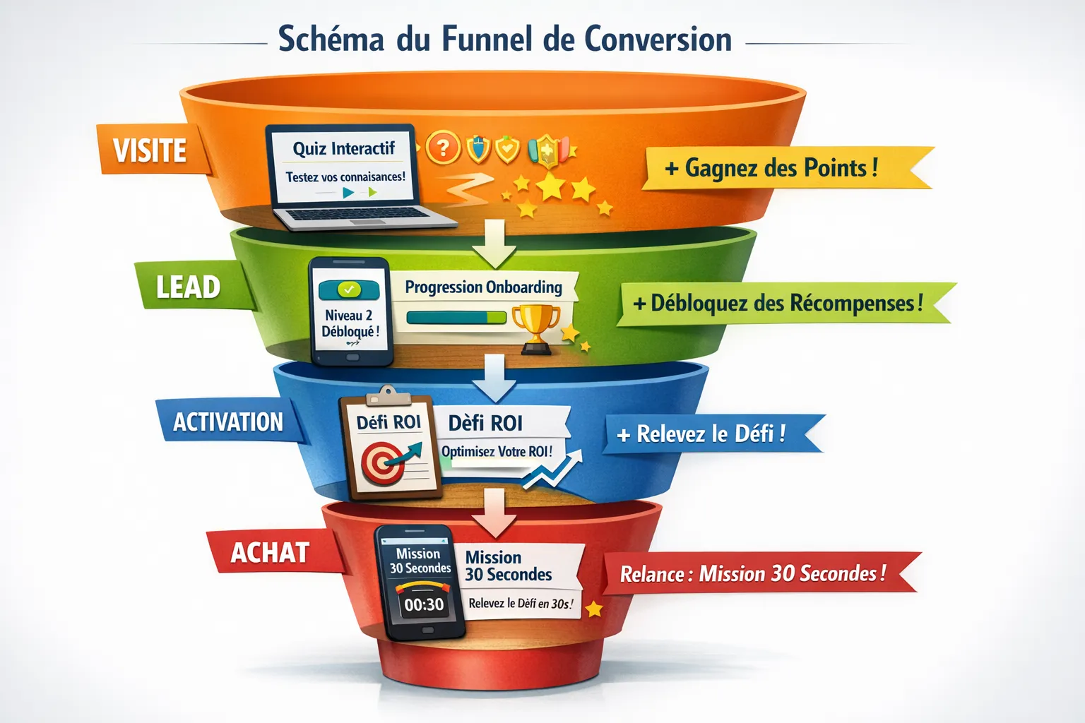 Simple diagram of a conversion funnel (Visit → Lead → Activation → Purchase) with gamification points at each step: interactive quiz in acquisition, progression in onboarding, ROI challenge in consideration, “30-second mission” follow-up in case of abandonment.