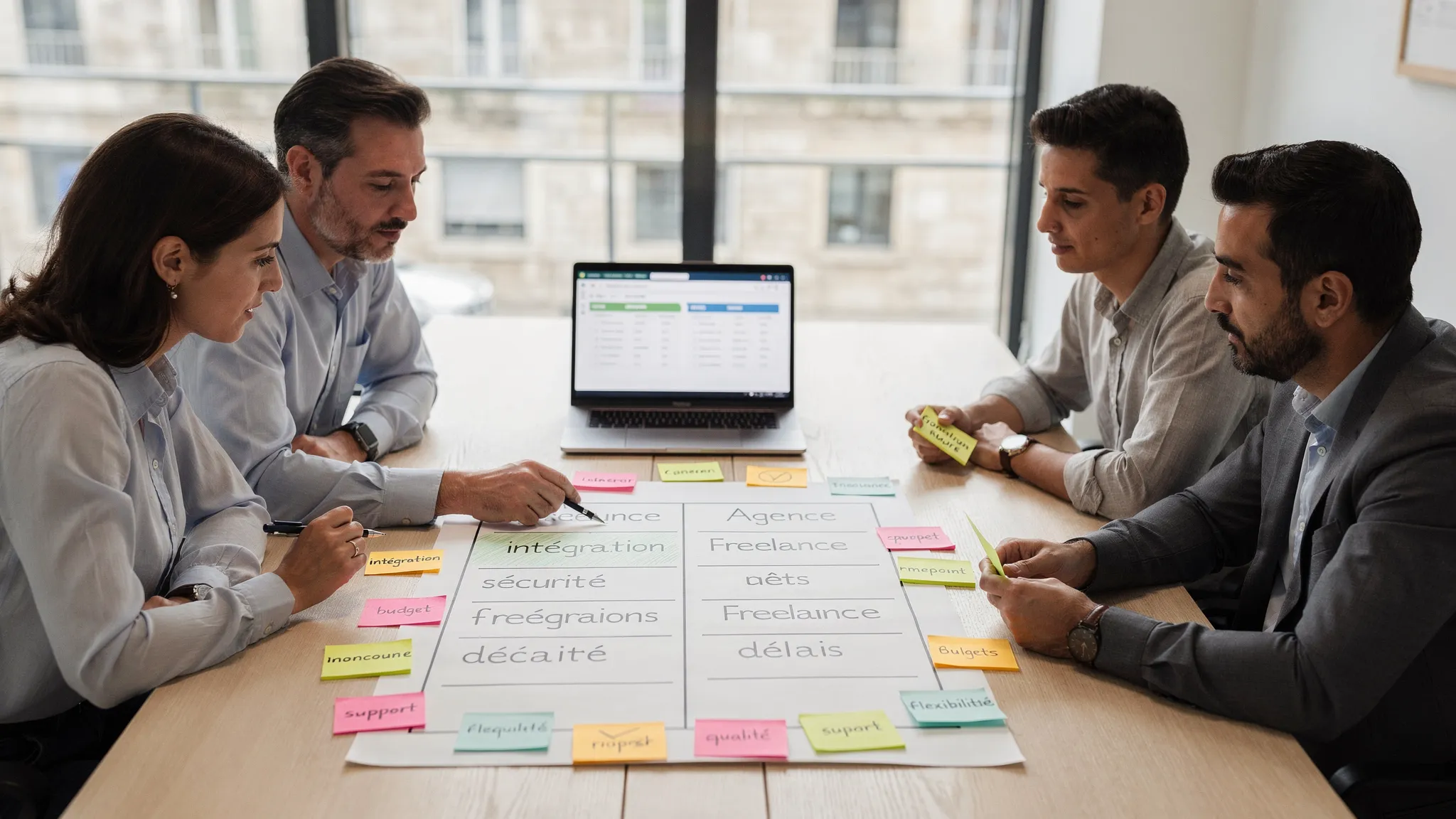 Une PME compare deux options de prestation (freelance vs agence) autour d’une table avec un tableau de décision, des post-its de critères comme intégration, sécurité, budget, délais, et un ordinateur portable ouvert orienté vers le groupe.