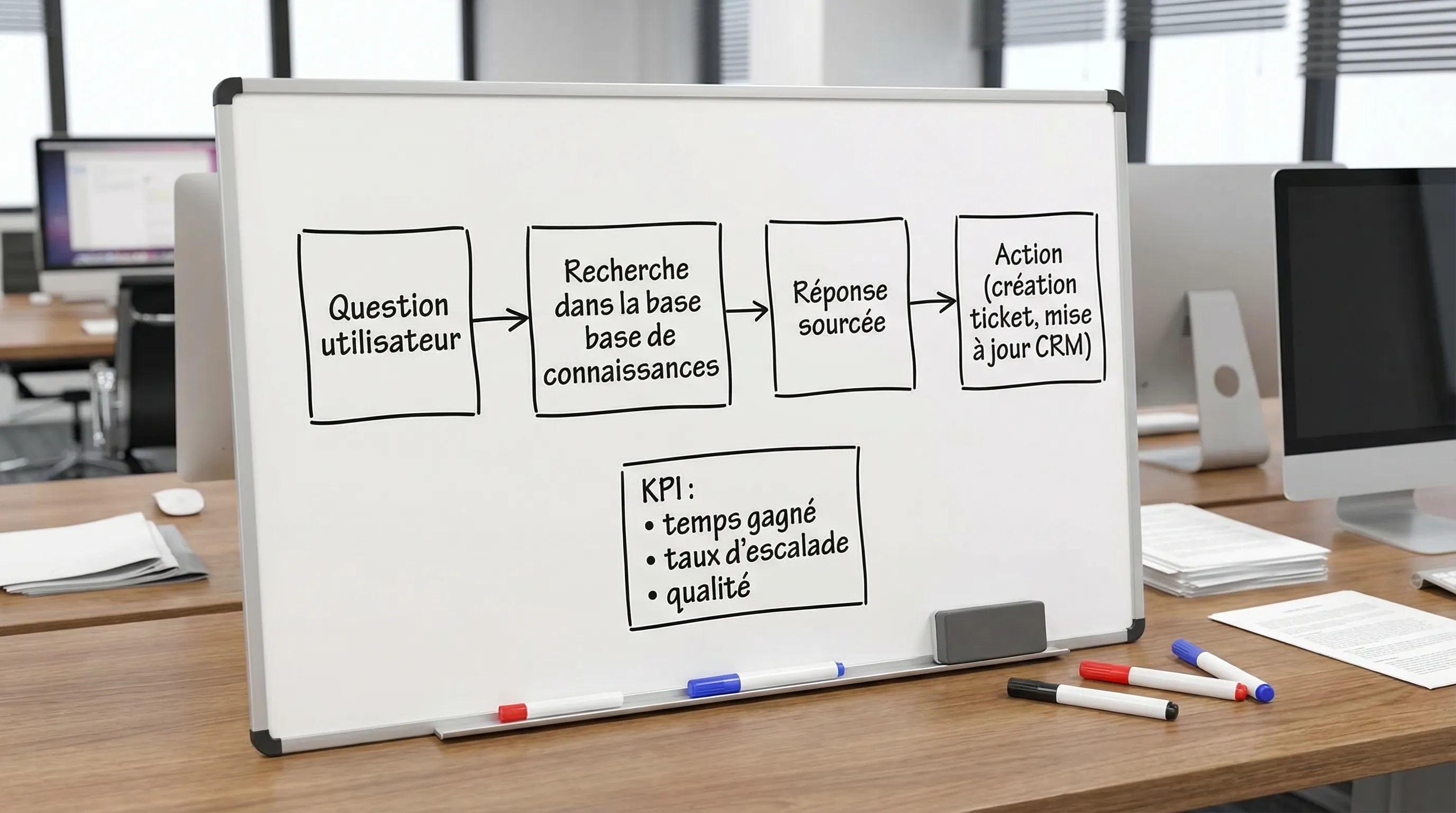 Un schéma simple en 4 blocs montrant un workflow “Question utilisateur → Recherche dans la base de connaissances → Réponse sourcée → Action (création ticket, mise à jour CRM)”, avec un encart “KPI: temps gagné, taux d’escalade, qualité”.