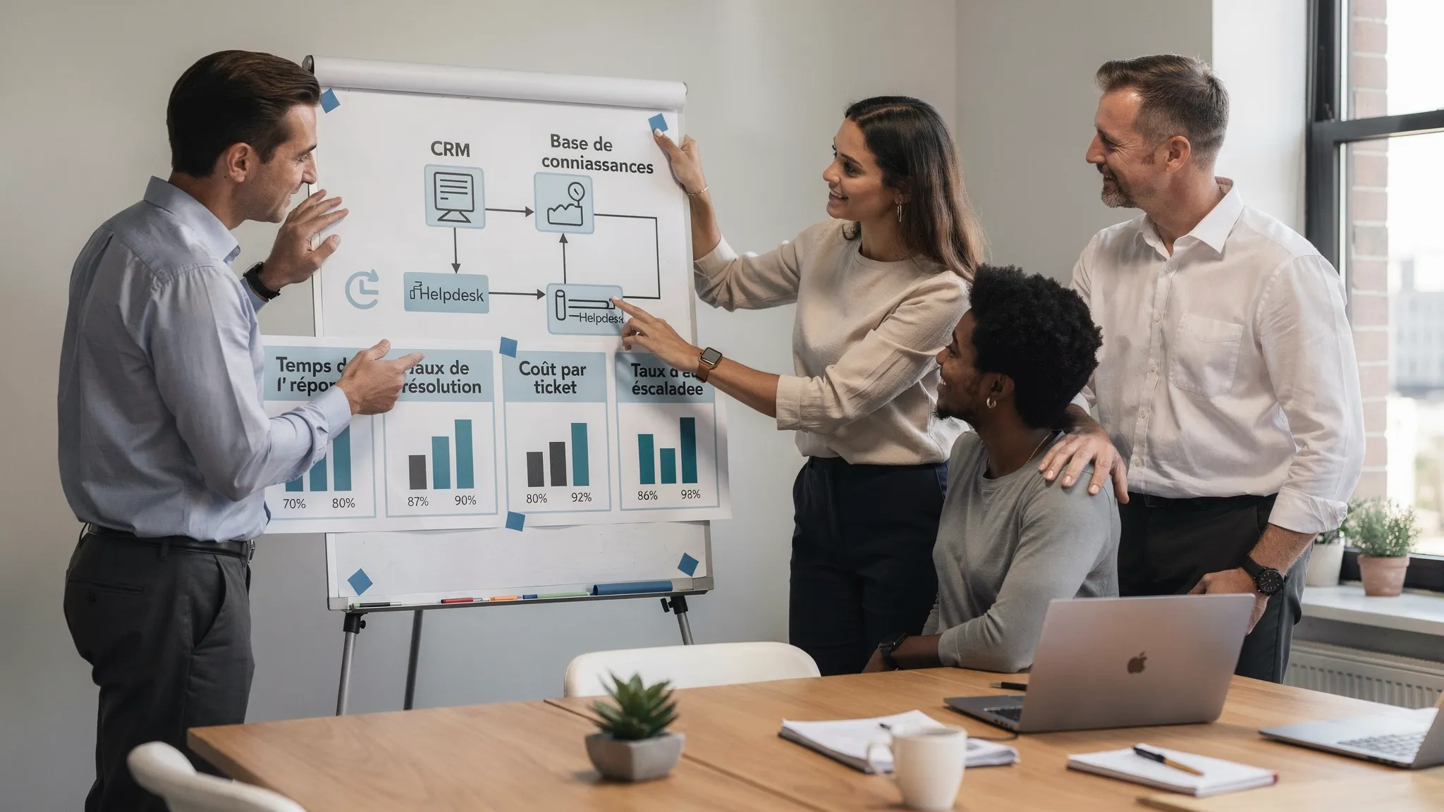 Une scène d’équipe PME autour d’un tableau de bord imprimé avec 5 KPI (temps de réponse, taux de résolution, coût par ticket, taux d’escalade, satisfaction), et un flux d’automatisation reliant CRM, helpdesk et base de connaissances.