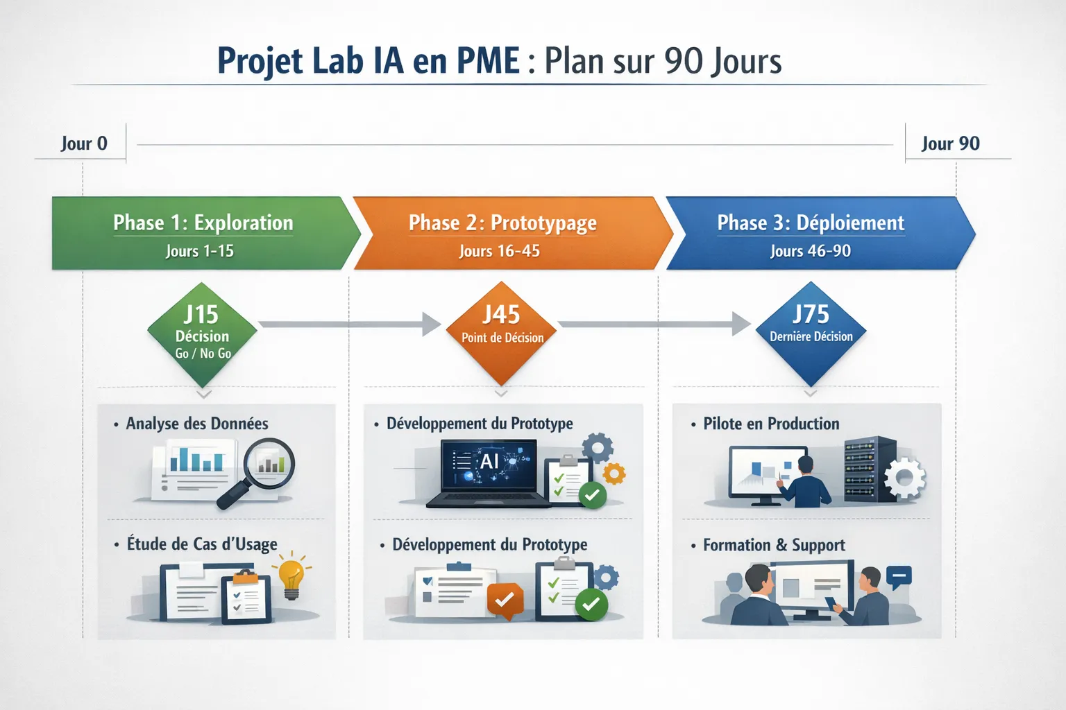 Timeline diagram in 3 phases over 90 days for an SME AI Lab, with decision milestones at D15, D45, and D75, and visible deliverables at each phase.