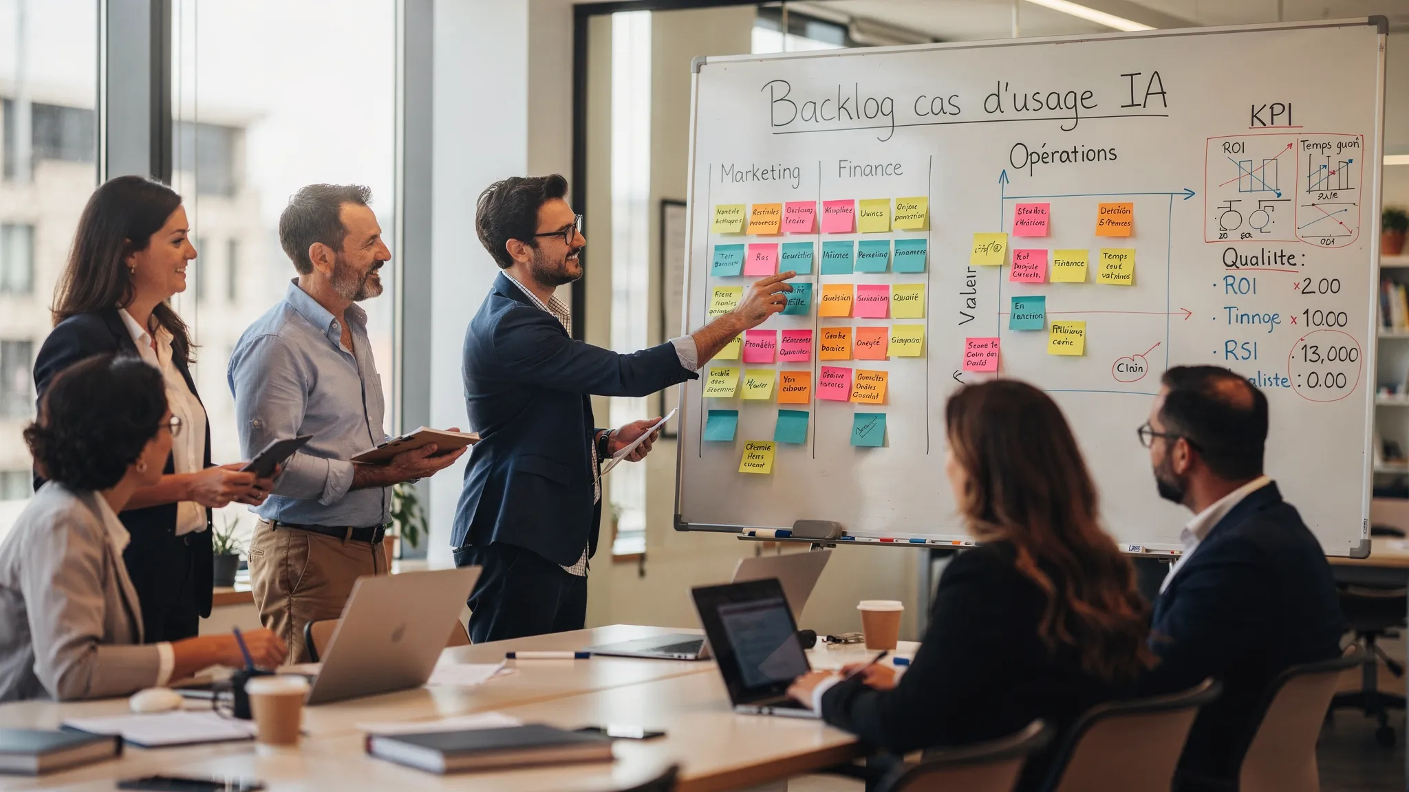 Workshop in a room in an SME, a multidisciplinary team around a whiteboard with an AI use case backlog, KPIs, and a value/risk matrix, scoping workshop atmosphere.
