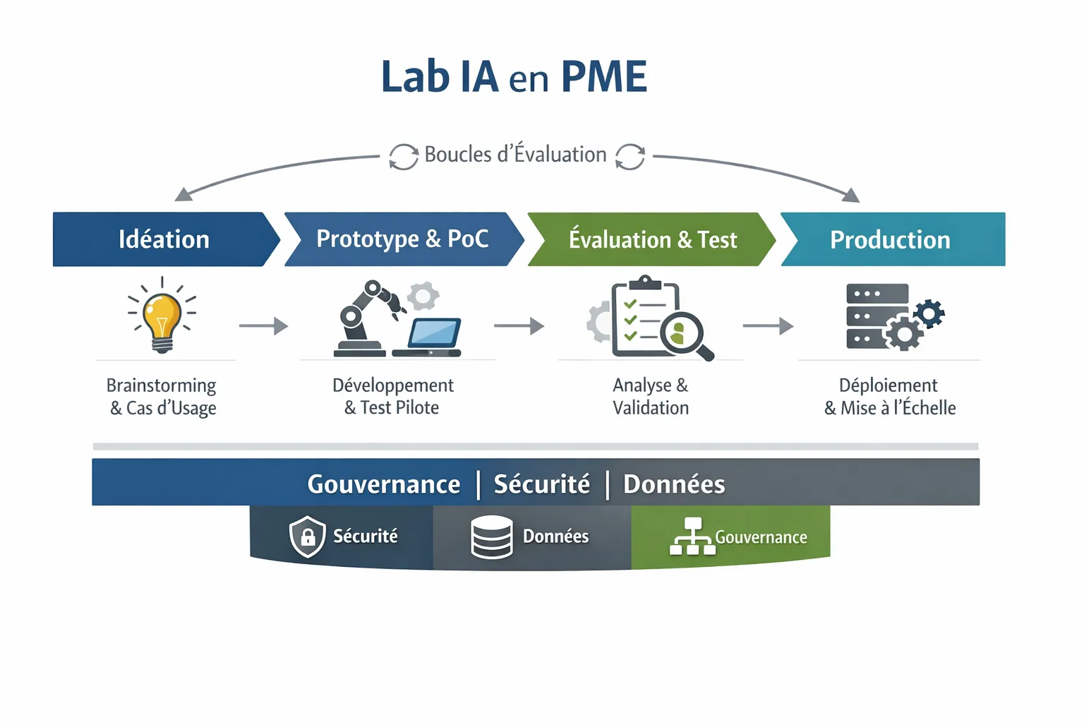 Schéma clair d’un Lab IA en PME, montrant un flux en quatre étapes, de l’idéation à la production, avec des boucles d’évaluation et un socle de gouvernance, sécurité et données.