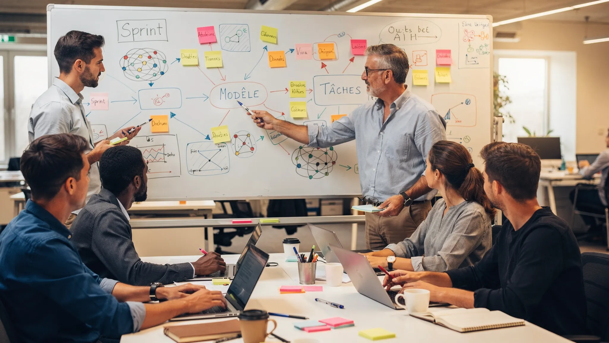 Photo d’une session de travail d’un Lab IA en PME, avec un petit groupe pluridisciplinaire autour d’un tableau blanc et d’ordinateurs portables, post‑it visibles, ambiance de sprint hebdomadaire.