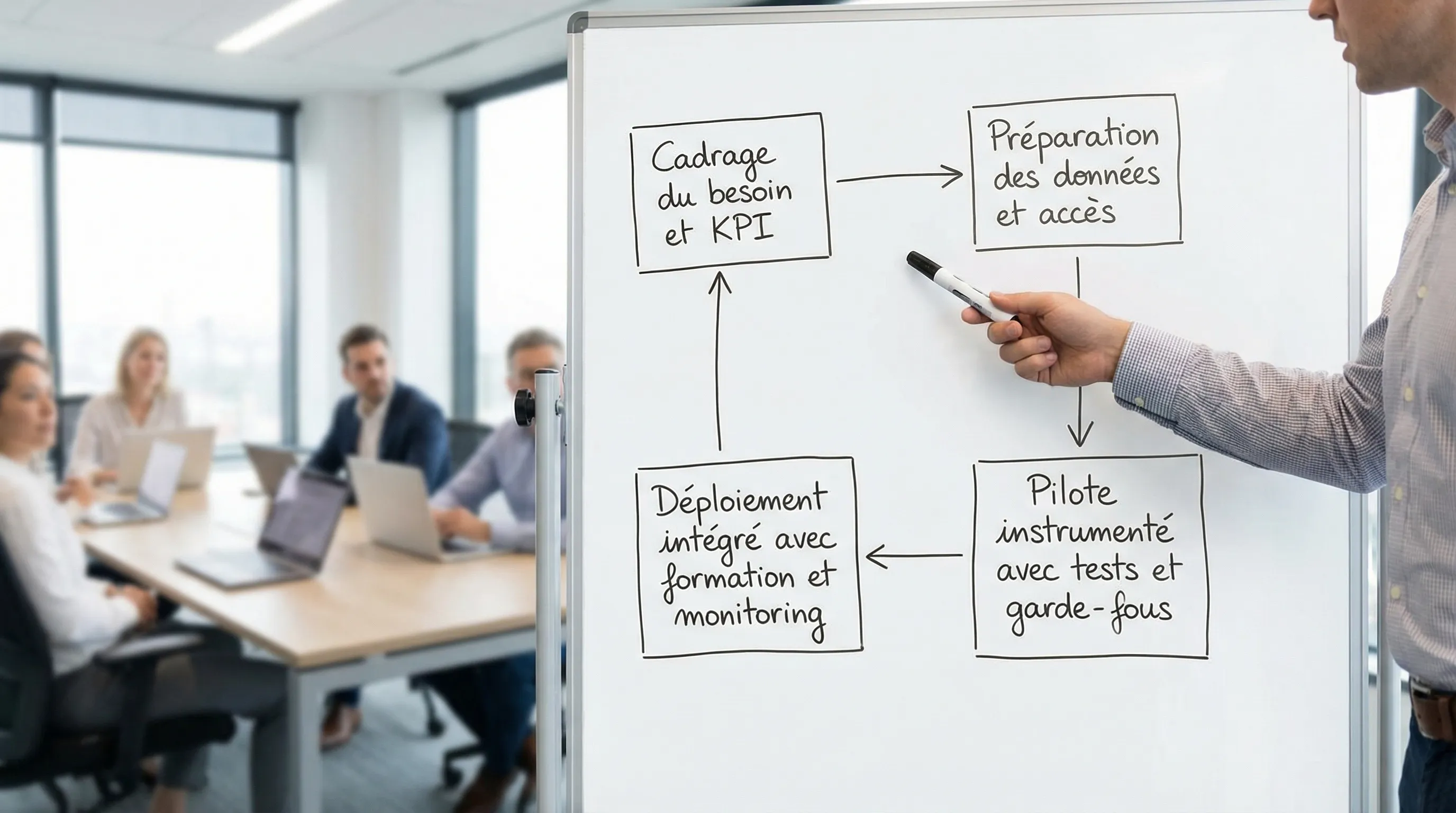 Simple diagram of a corporate AI project showing 4 blocks connected by arrows: scoping needs and KPIs, data preparation and access, instrumented pilot with tests and guardrails, integrated deployment with training and monitoring.