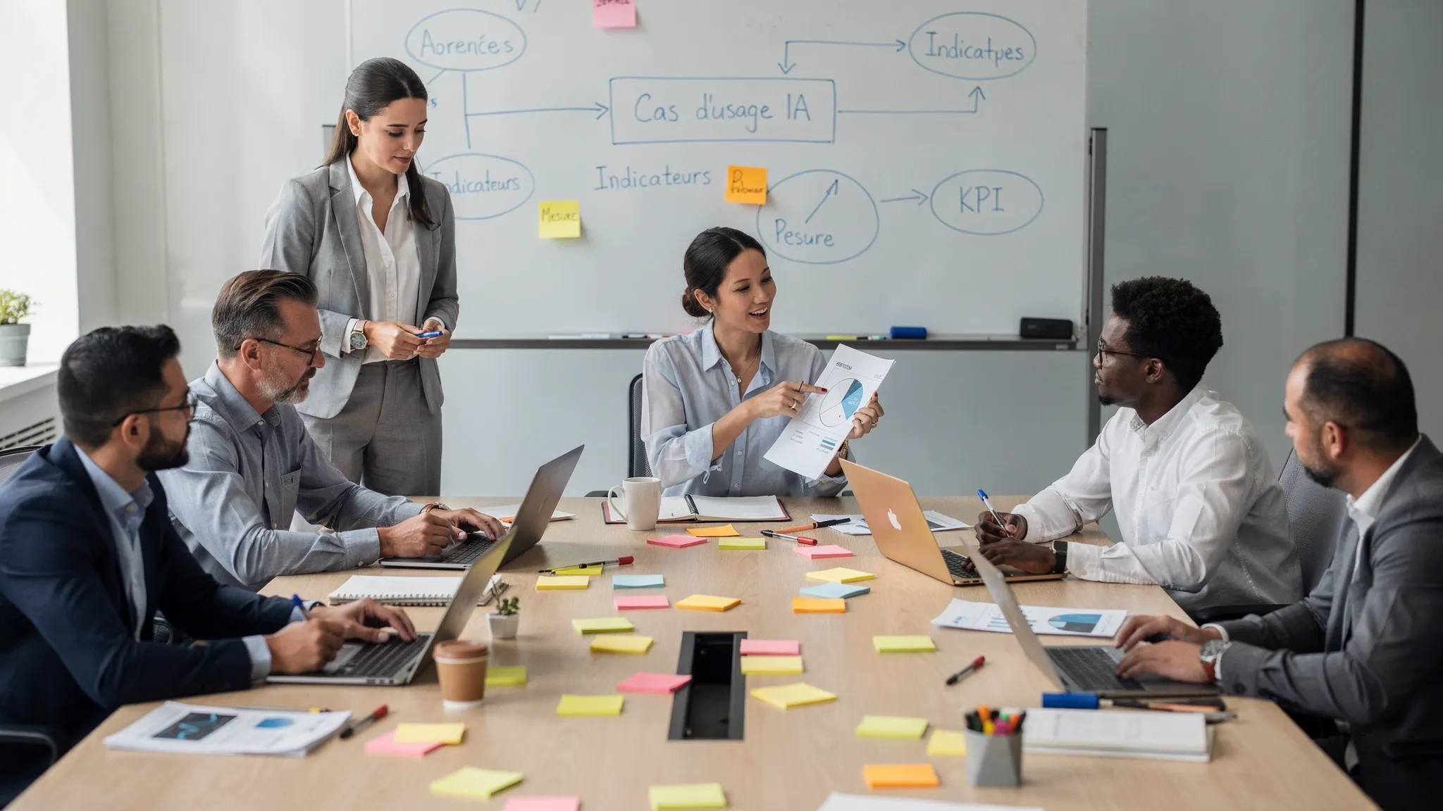 Atelier de travail en entreprise: une petite équipe autour d’une table, post-its et documents, discutant d’un cas d’usage IA et d’indicateurs de mesure, avec un tableau blanc en arrière-plan.