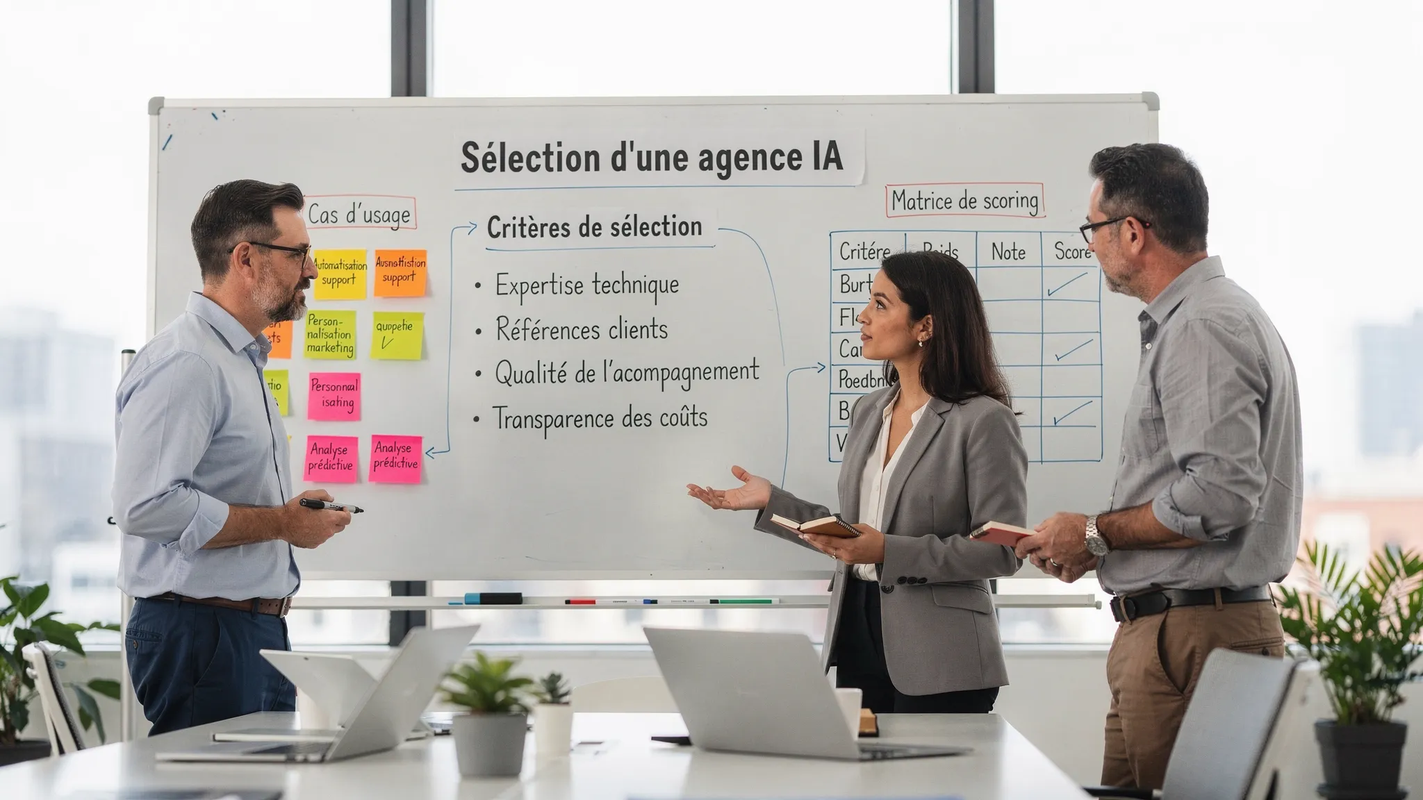Une équipe de direction réunit un CTO, une cheffe de produit et un responsable des opérations autour d’un tableau blanc où sont affichés des critères de sélection d’une agence IA, des post-it sur les cas d’usage et une matrice de scoring, ambiance atelier de cadrage.