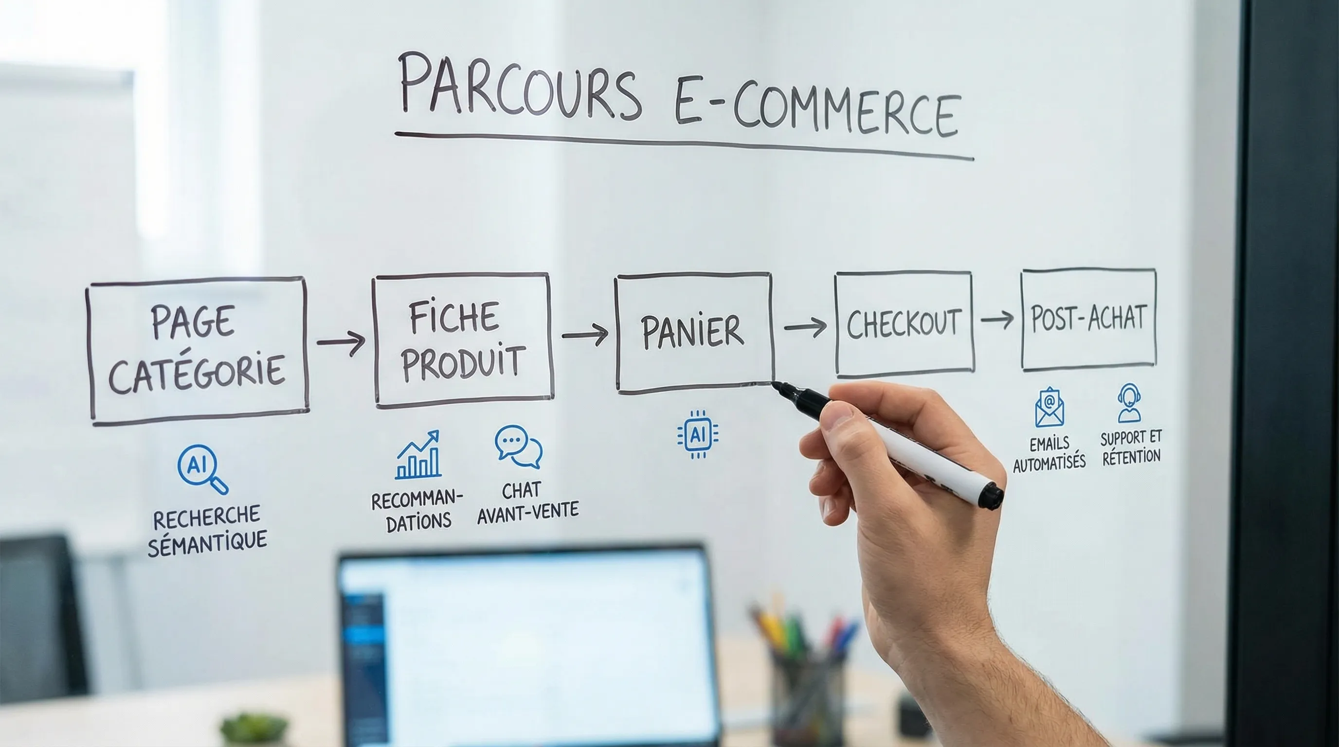 Simple diagram of an e-commerce journey (category page, product sheet, cart, checkout, post-purchase) with AI intervention points: semantic search, recommendations, pre-sales chat, automated emails, support and retention.