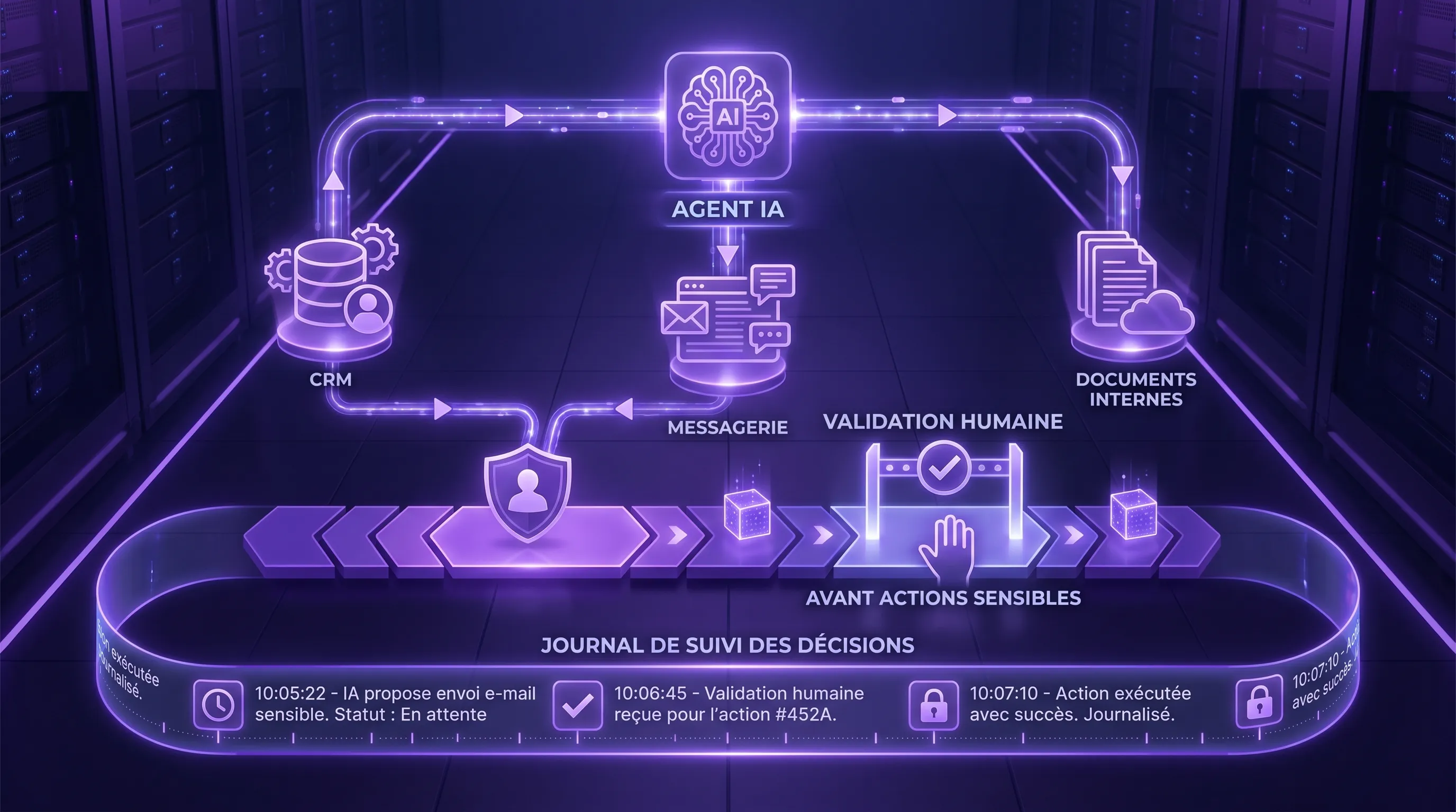 An automation flow showing an AI agent connected to the CRM, messaging, and internal documents, with a human validation step before sensitive actions and a decision tracking log.
