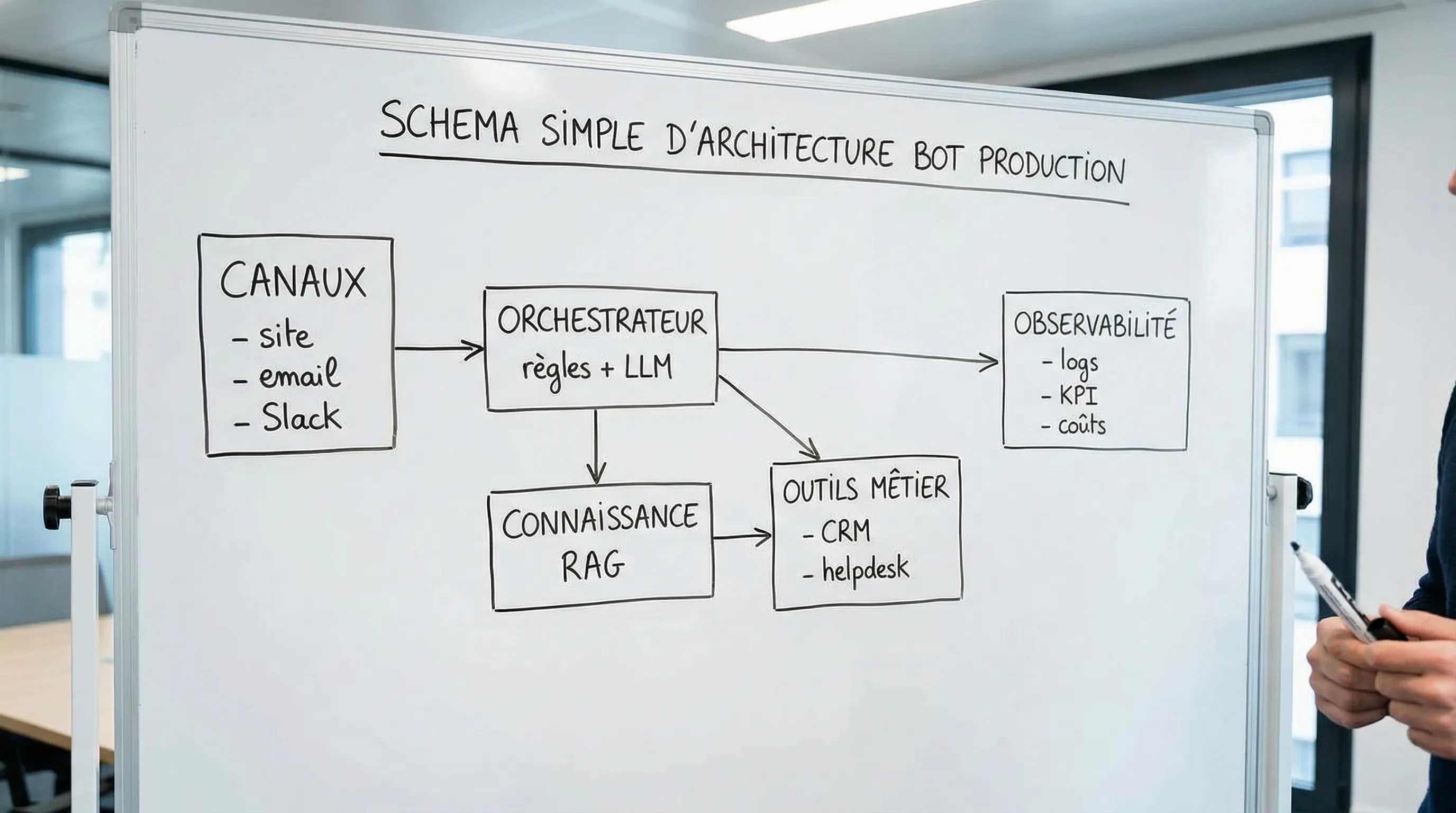 Schéma simple d’architecture d’un bot en production avec 5 blocs : Canaux (site, email, Slack), Orchestrateur (règles + LLM), Connaissance (RAG), Outils métier (CRM, helpdesk), Observabilité (logs, KPI, coûts).