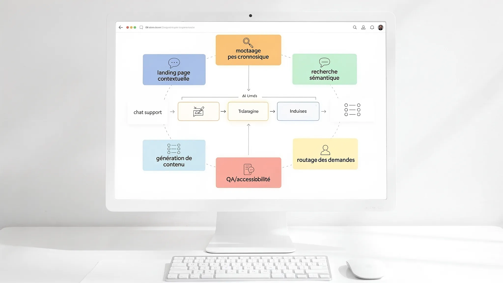 Schéma simple d’un site web moderne avec 7 blocs d’usages IA autour du parcours utilisateur : chat support, landing page contextuelle, recherche sémantique, génération de contenu, routage des demandes, personnalisation, QA/accessibilité.
