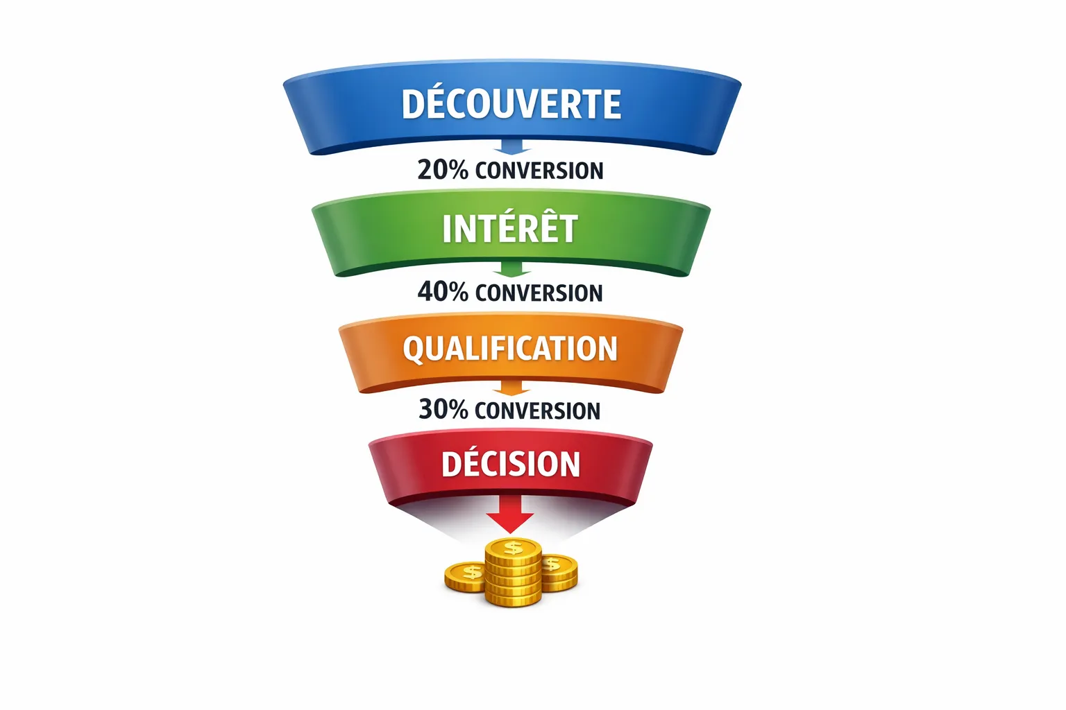 Simple diagram of a 4-step sales funnel (Discovery, Interest, Qualification, Decision) with conversions between each step.