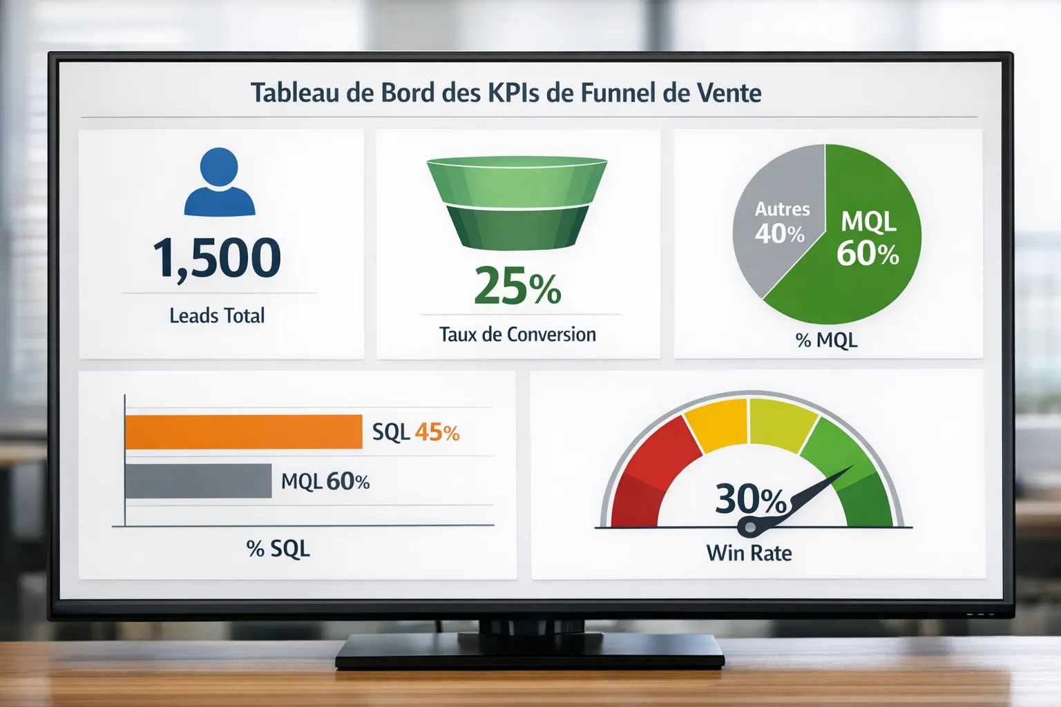 Simple dashboard with 5 sales funnel KPIs (leads, conversion, % MQL, % SQL, win rate) in graph form.