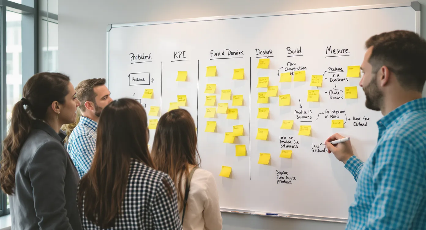 Une équipe produit réunit autour d’un tableau blanc avec post-its de différentes couleurs. On distingue 6 colonnes intitulées Problème, KPI, Données, Design, Build, Mesure. Des schémas montrent un flux d’ingestion de données, un modèle IA, puis une intégration dans un outil métier.