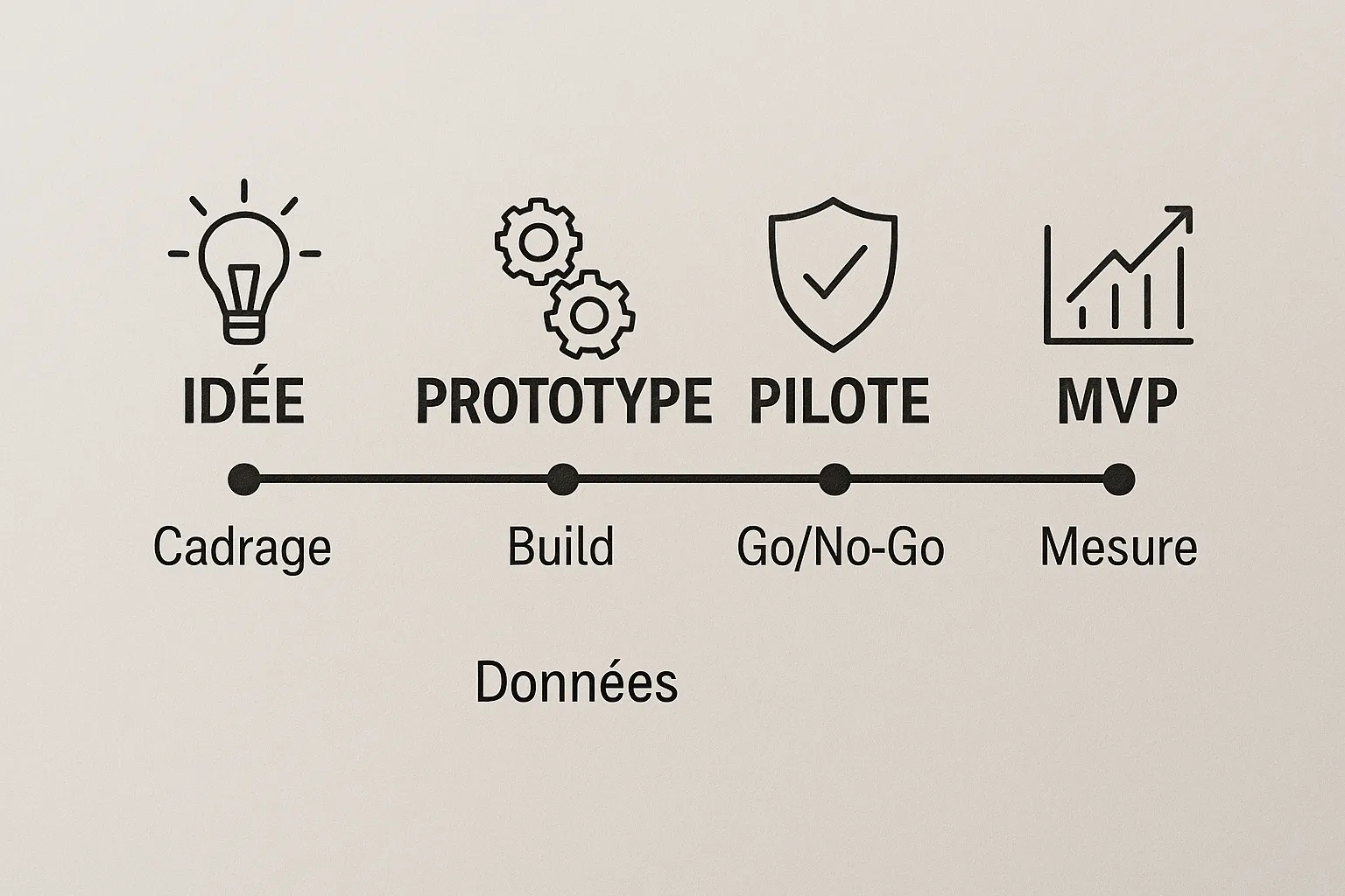 Frise chronologique simple allant de Idée à Prototype à Pilote à MVP, avec sous‑éléments Cadrage, Données, Build, Mesure, Go/No‑Go, et icônes KPI, bouclier de sécurité, engrenages d’intégration.