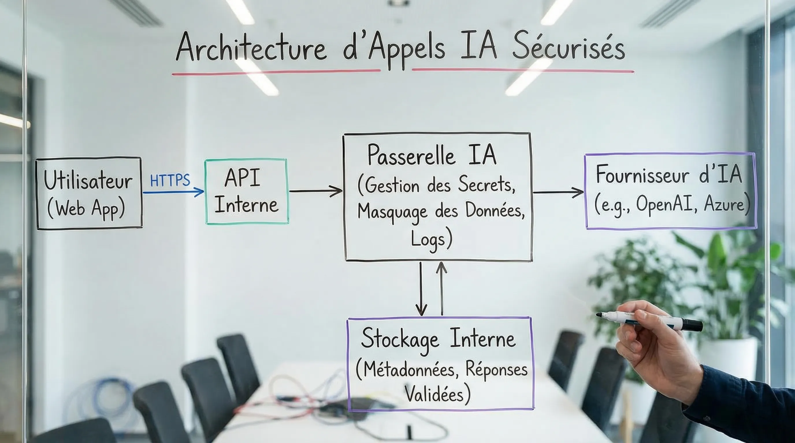 Simple diagram of a secure AI call architecture: a user (web app) calls an internal API over HTTPS, which passes through an AI gateway (secret management, data masking, logs), then calls the AI provider. Internal storage keeps only metadata and validated responses.