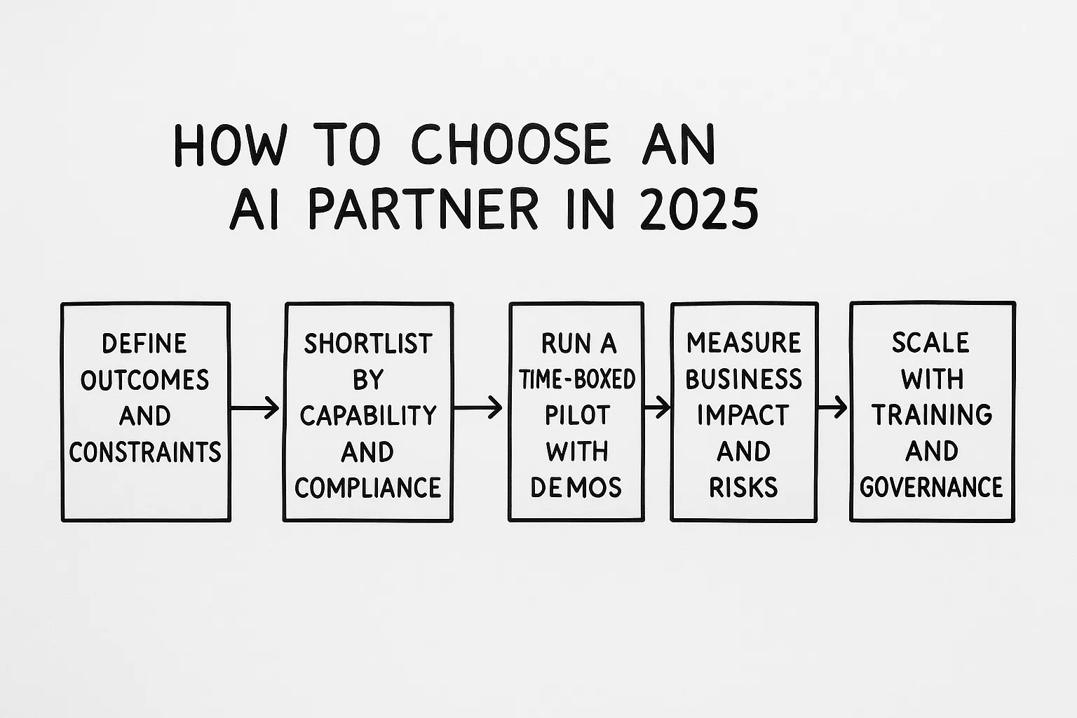 A simple flow chart titled "How to choose an AI partner in 2025", showing five aligned boxes: 1) Define results and constraints, 2) Shortlist by capabilities and compliance, 3) Time-boxed pilot with weekly demos, 4) Measure business impact and risks, 5) Scale with training and governance. Minimalist whiteboard design.