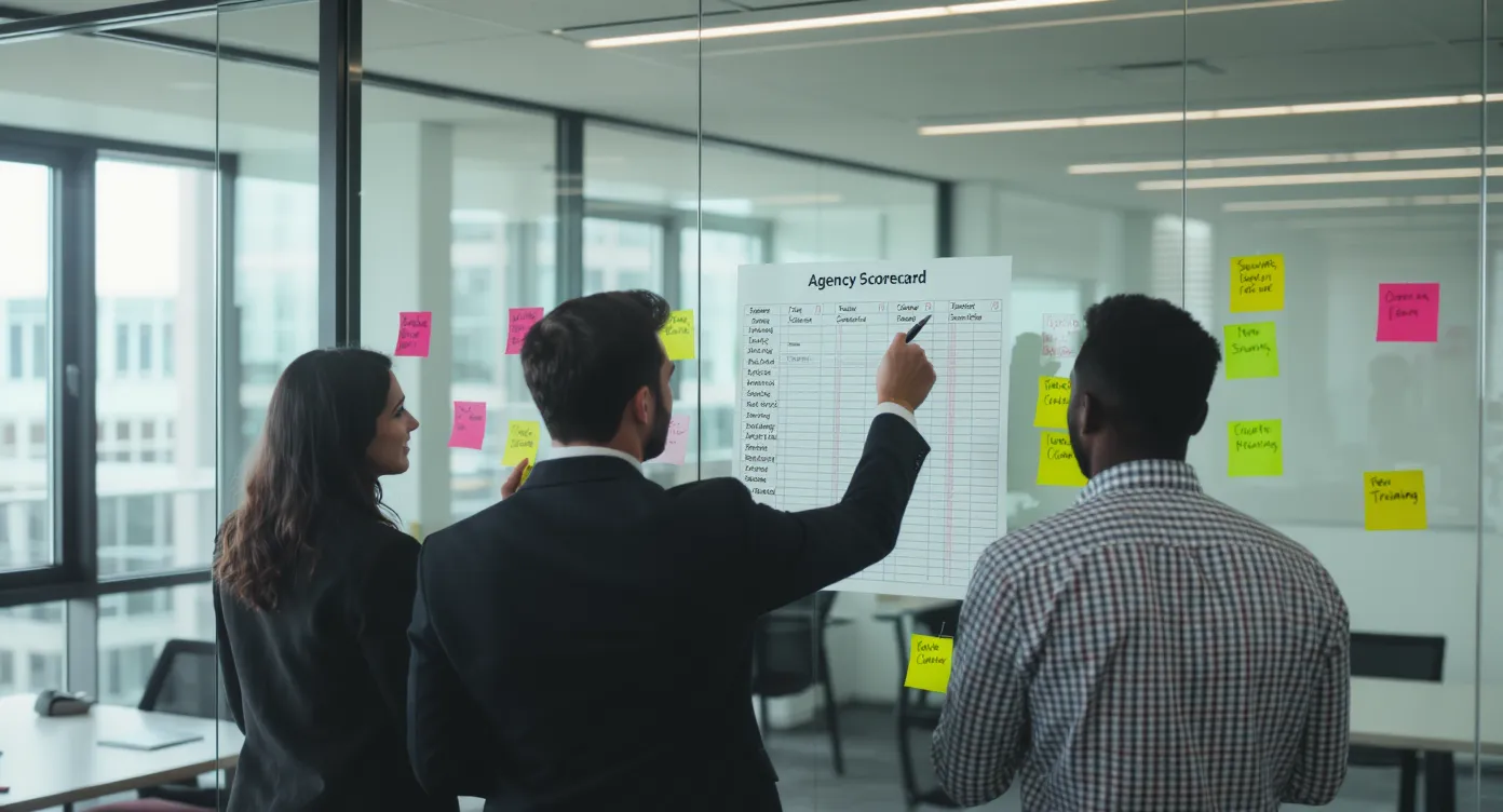 A multidisciplinary team consisting of a product manager, a data engineer, and a security lead examines an agency scorecard on a glass wall with sticky notes labeled results, security, integrations, and training, in a modern office.