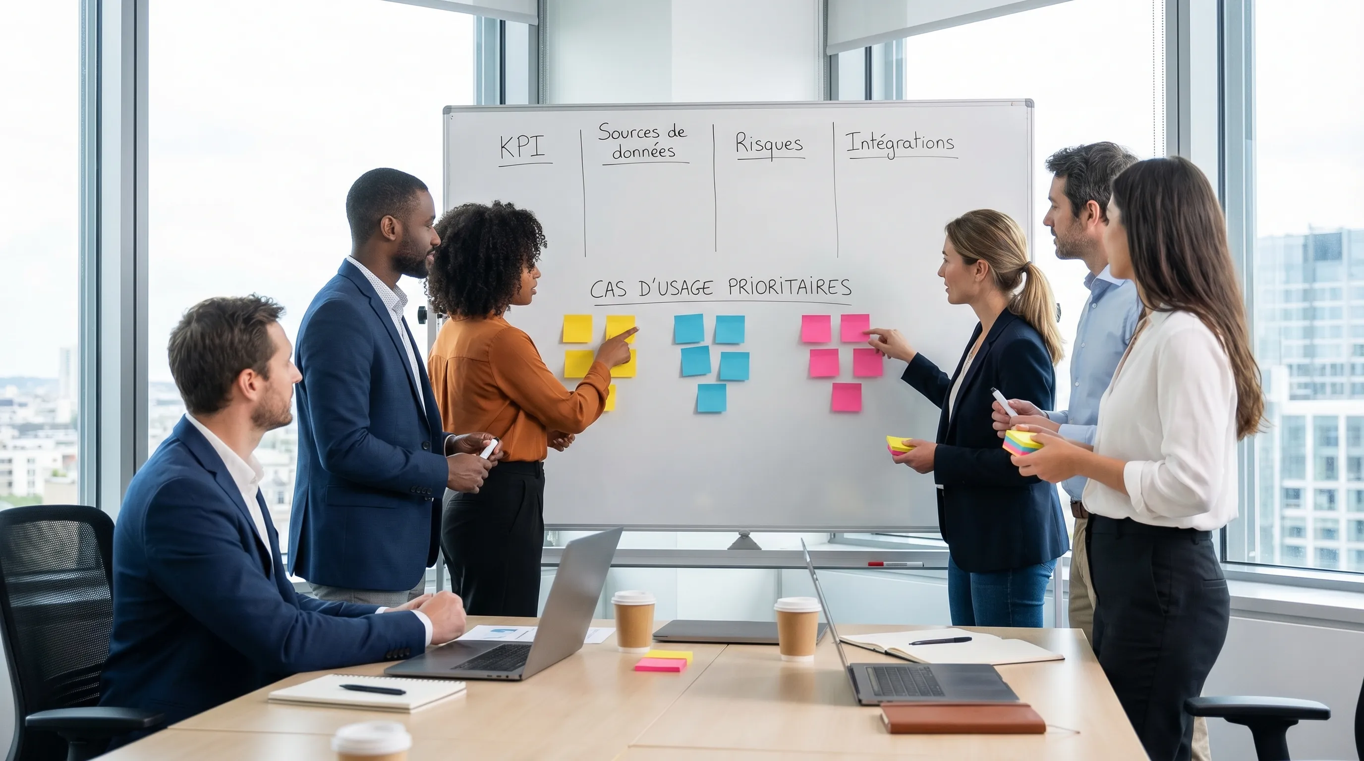 Illustration of an AI scoping workshop: a whiteboard with "KPI", "data sources", "risks", "integrations", and a team prioritizing 3 use cases with sticky notes.