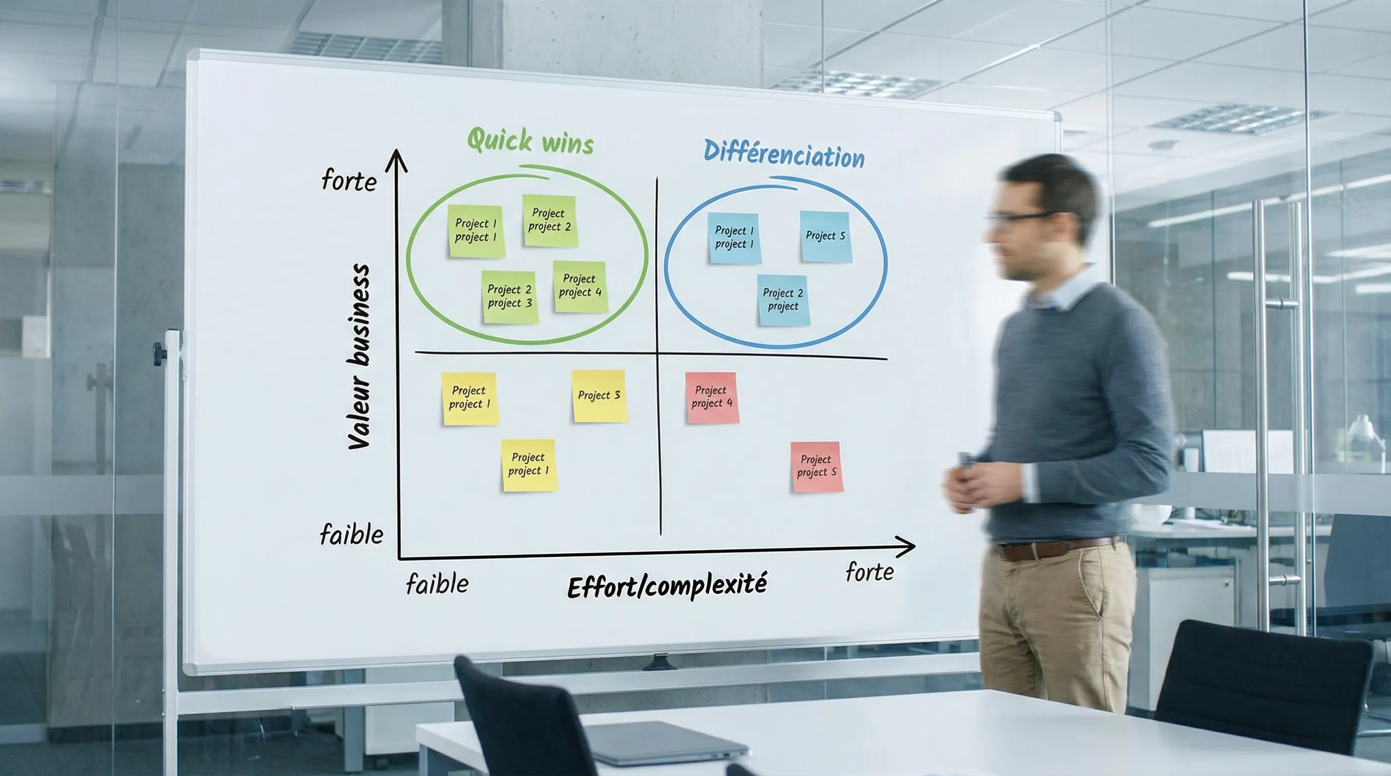Une matrice 2x2 de priorisation de portefeuille IA avec axes Valeur business (faible à forte) et Effort/complexité (faible à forte), mettant en avant une zone Quick wins et une zone Différenciation.