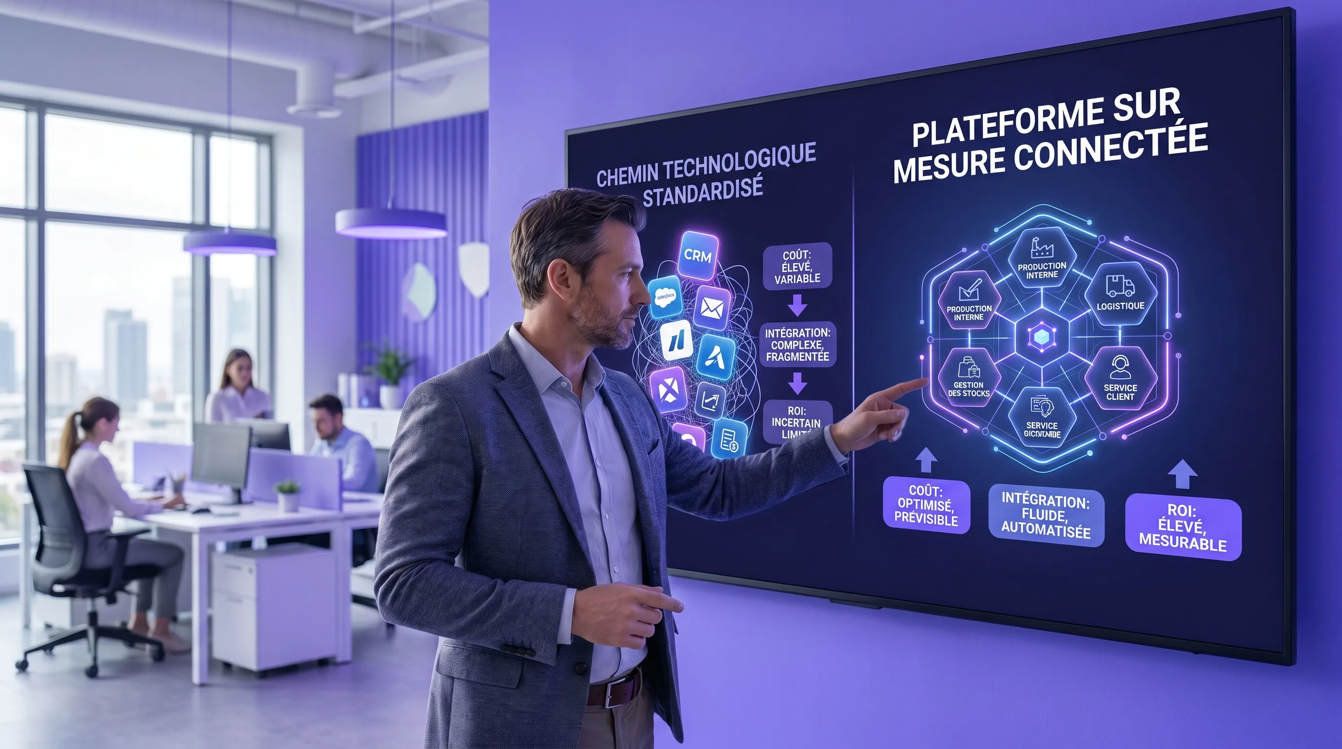 Un dirigeant de PME compare deux chemins technologiques, d’un côté une pile d’outils SaaS standardisés, de l’autre une plateforme sur mesure connectée aux processus internes, avec des indicateurs de coût, intégration et ROI.