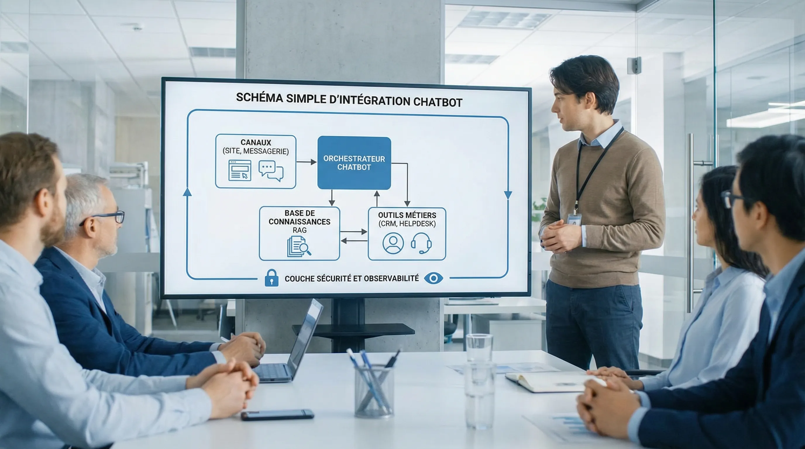 Schéma simple d’intégration d’une plateforme chatbot : canaux (site, messagerie), orchestrateur chatbot, base de connaissances RAG, outils métiers (CRM, helpdesk), couche sécurité et observabilité.