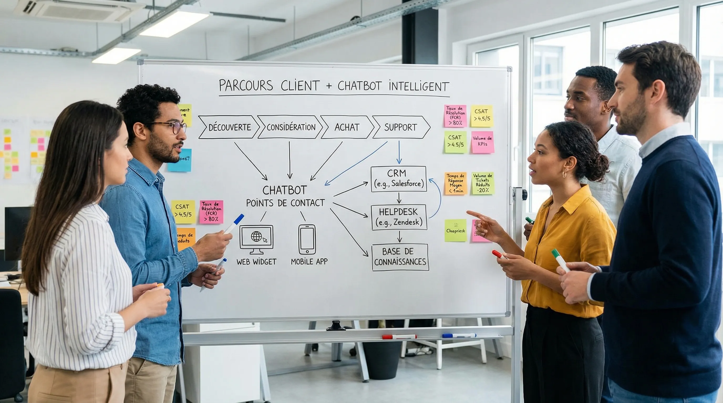 Atelier d’équipe autour d’un tableau où sont dessinés un parcours client, les points de contact du chatbot et les intégrations (CRM, helpdesk, base de connaissances), avec des post-its représentant les KPI.